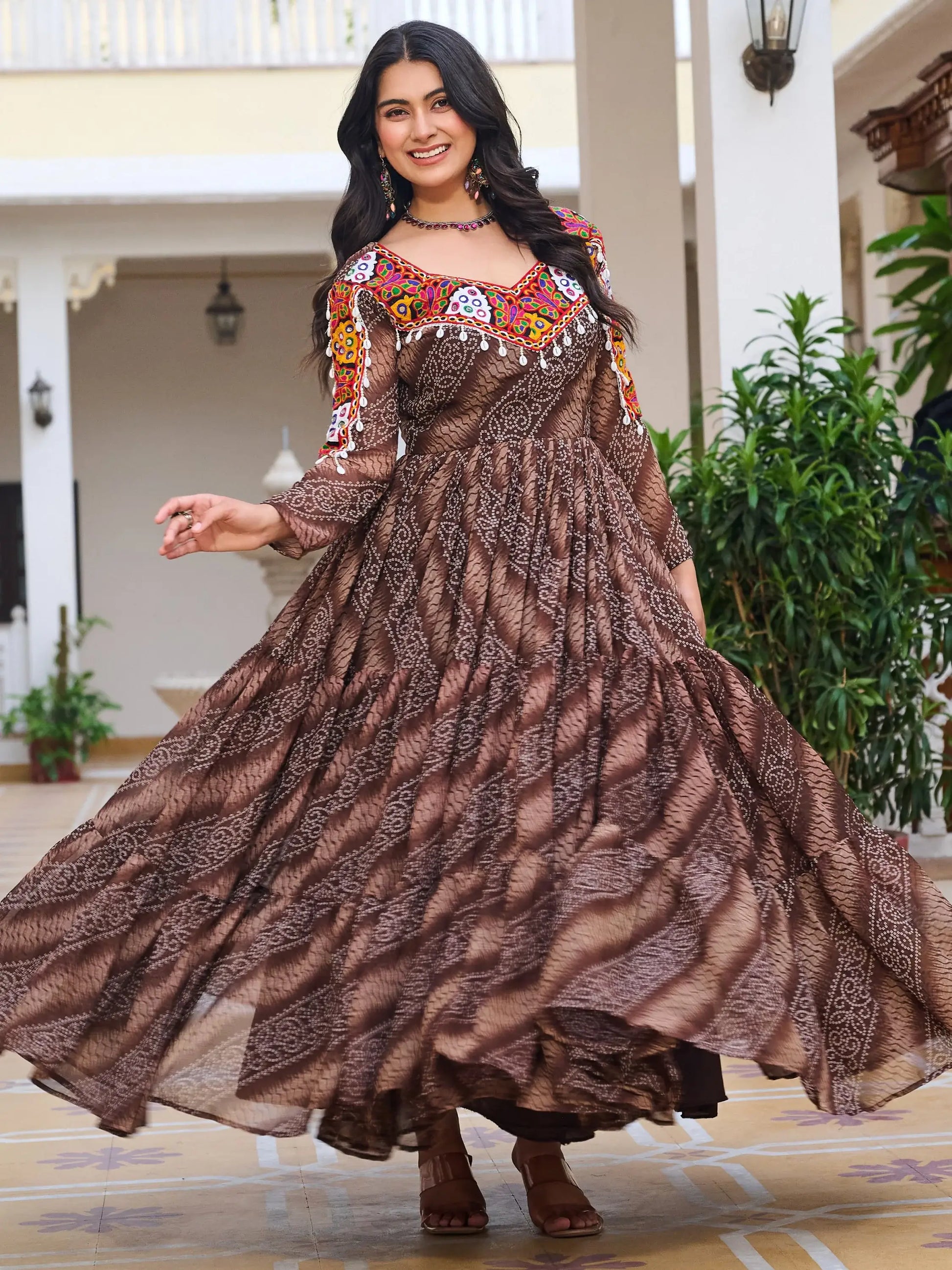 Glorious Brown Bandhani Print Georgette Navratri Special Gown - Zeel Clothing