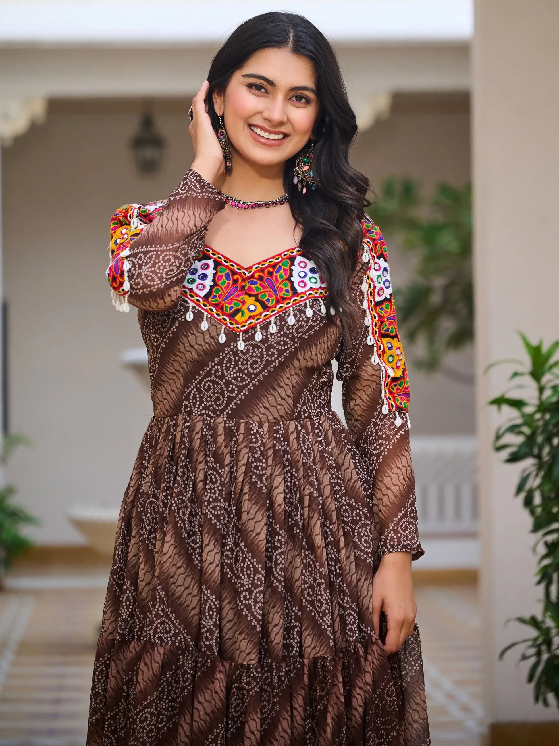 Glorious Brown Bandhani Print Georgette Navratri Special Gown - Zeel Clothing