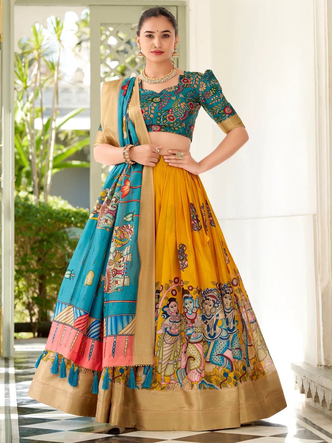 Glorious Yellow Kalamkari Printed Silk Lehenga Choli With Dupatta - Zeel Clothing