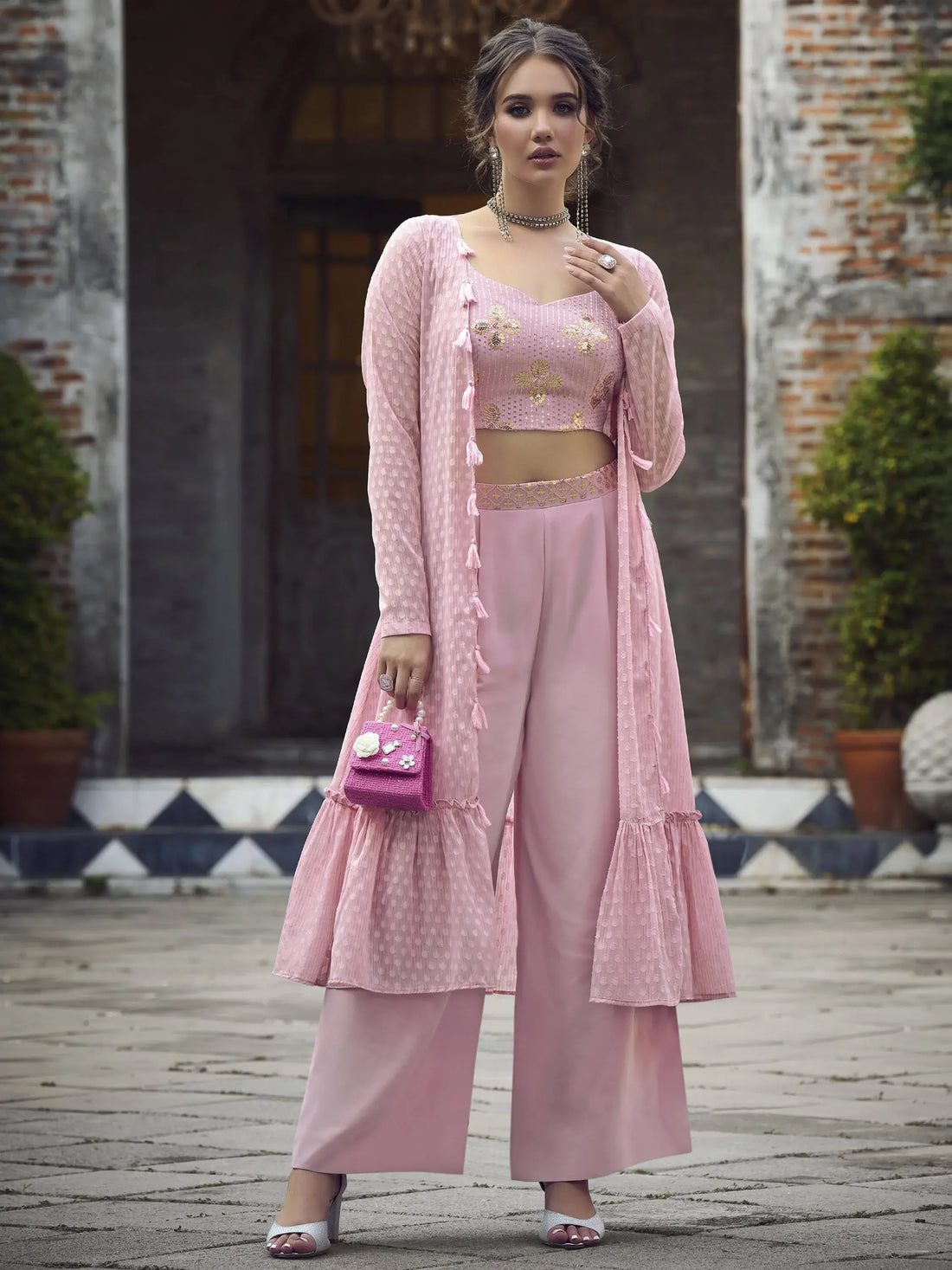 Gorgeous Dusty Pink Embroidered Georgette Palazzo Suit With Jacket - Zeel Clothing