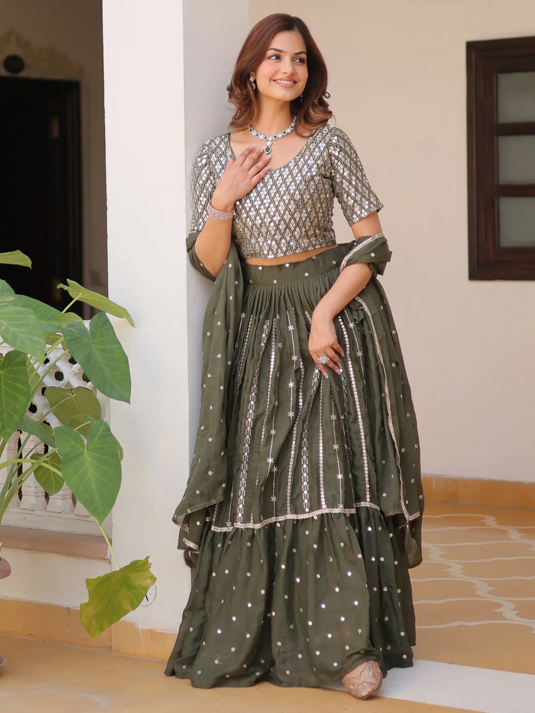 Gorgeous Green Sequins Georgette Mehendi Wear Lehenga Choli With Dupatta - Zeel Clothing