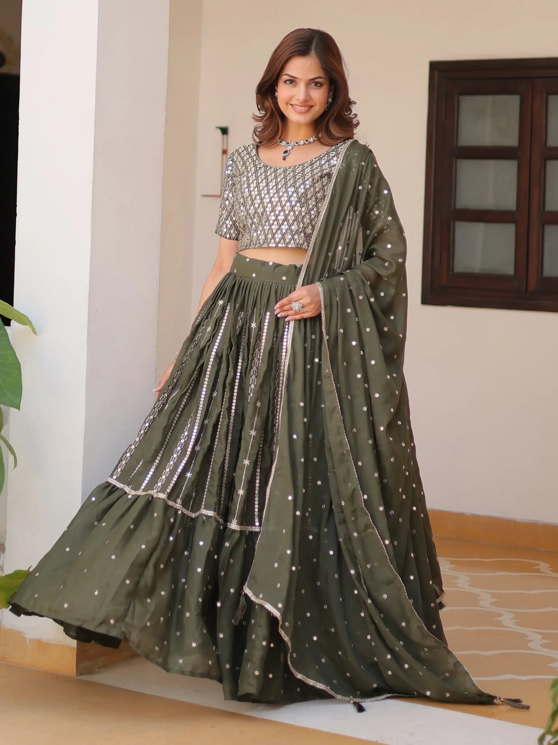 Gorgeous Green Sequins Georgette Mehendi Wear Lehenga Choli With Dupatta - Zeel Clothing