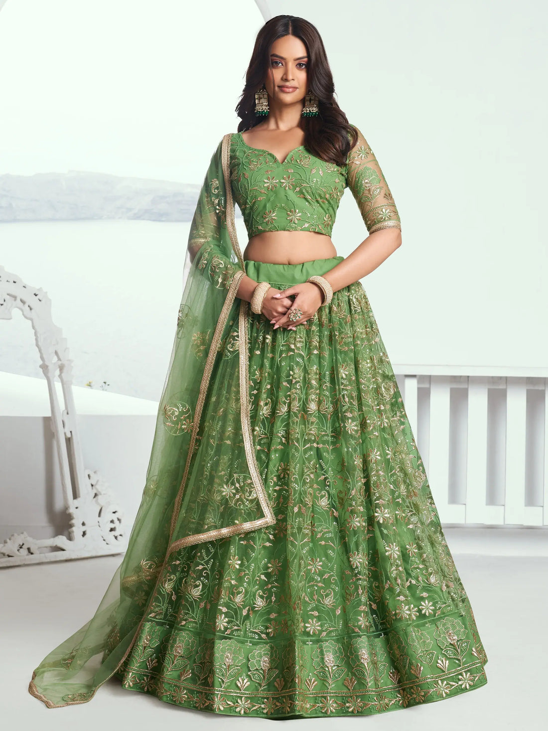 Gorgeous Green Sequins Net Mehendi Wear Lehenga Choli With Dupatta - Zeel Clothing