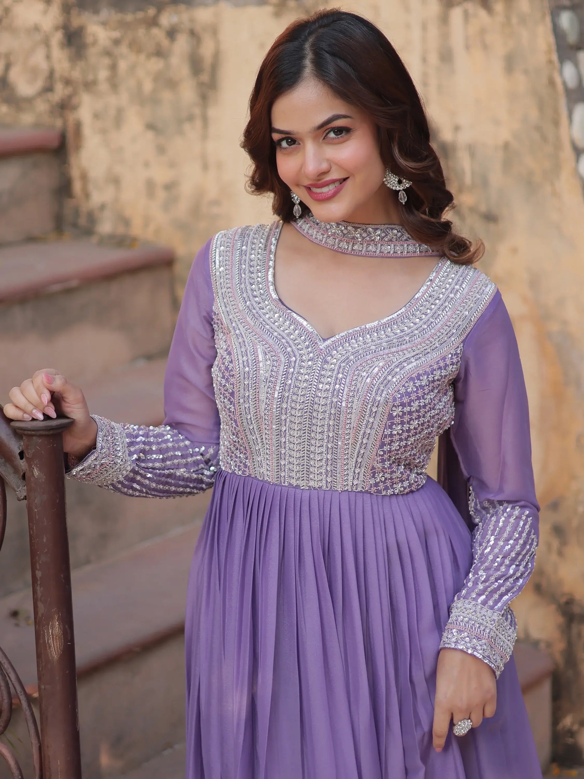 Gorgeous Lavender Sequins Georgette Eid Special Gown With Dupatta - Zeel Clothing