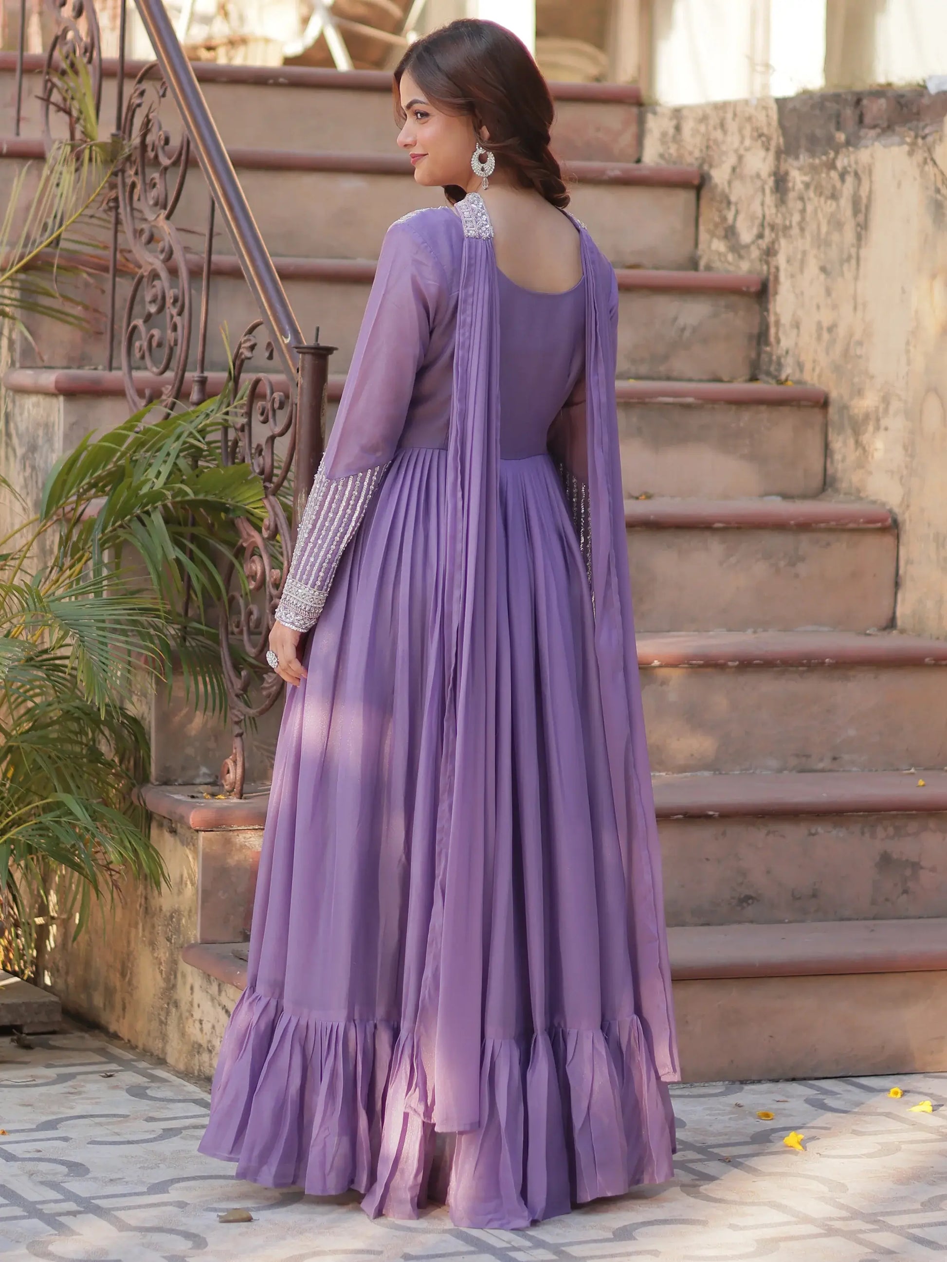 Gorgeous Lavender Sequins Georgette Eid Special Gown With Dupatta - Zeel Clothing