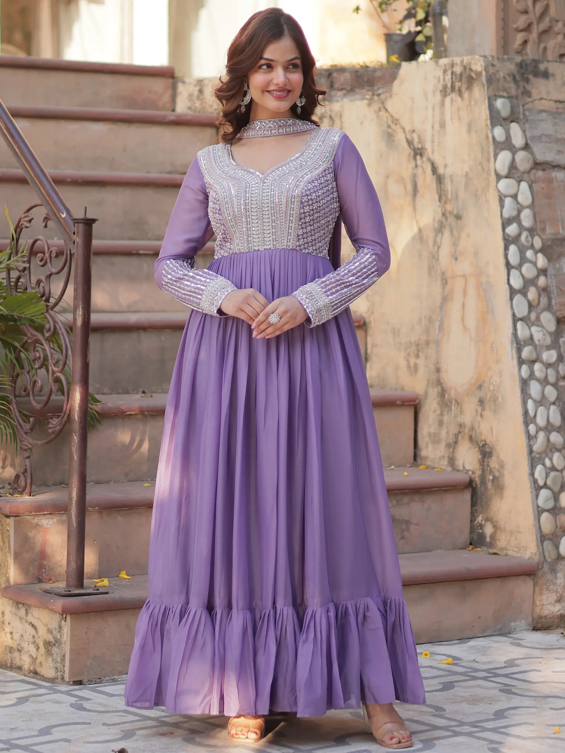 Gorgeous Lavender Sequins Georgette Eid Special Gown With Dupatta - Zeel Clothing
