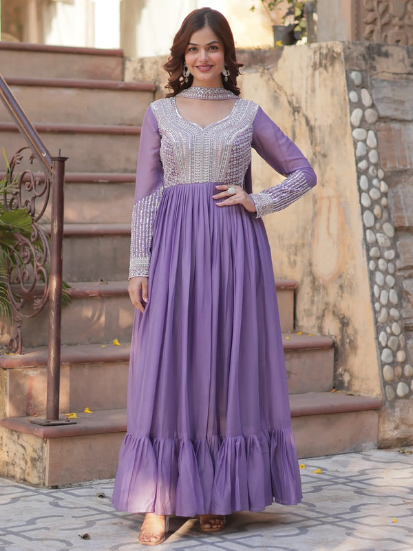 Gorgeous Lavender Sequins Georgette Eid Special Gown With Dupatta - Zeel Clothing