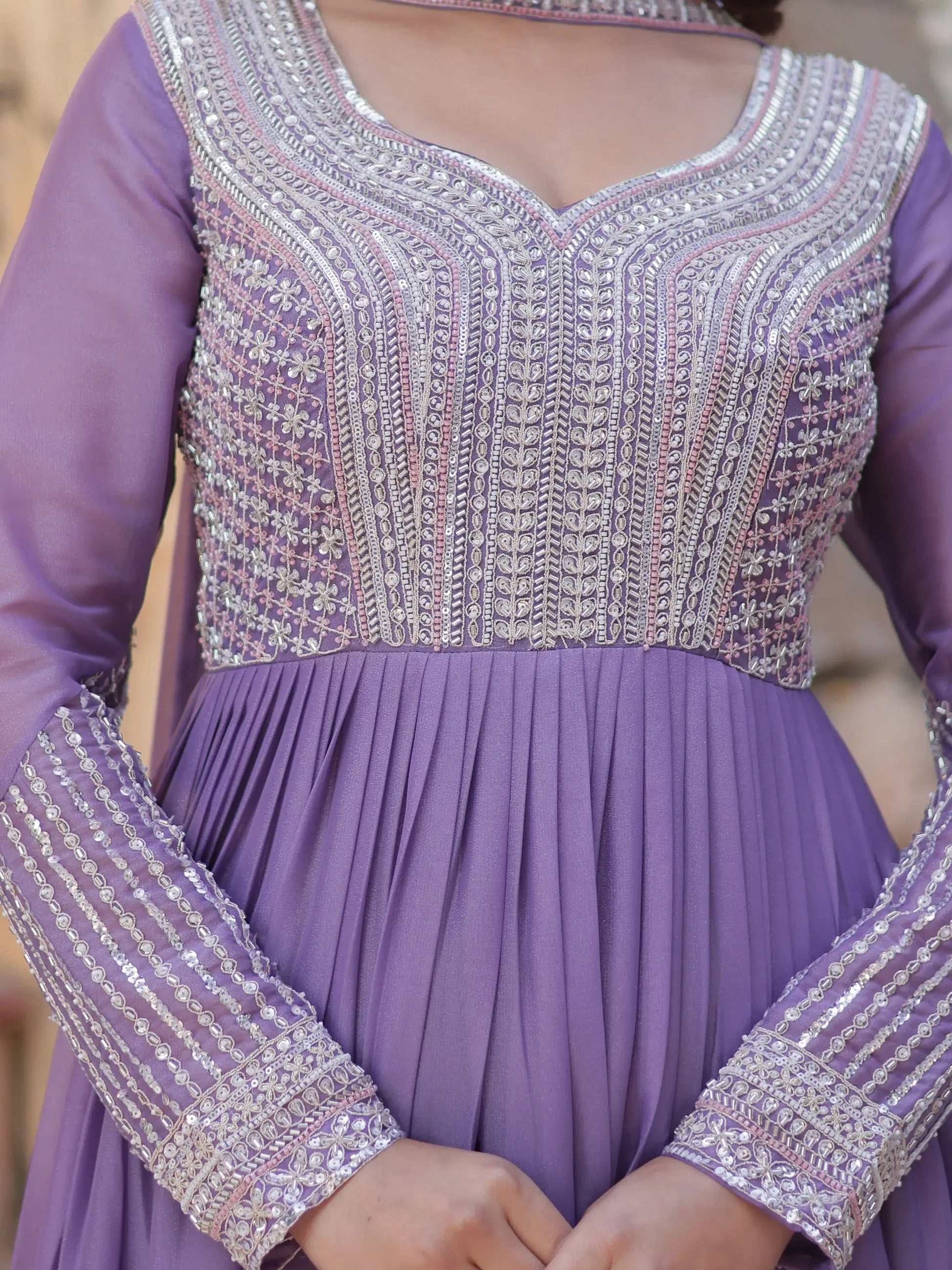 Gorgeous Lavender Sequins Georgette Eid Special Gown With Dupatta - Zeel Clothing