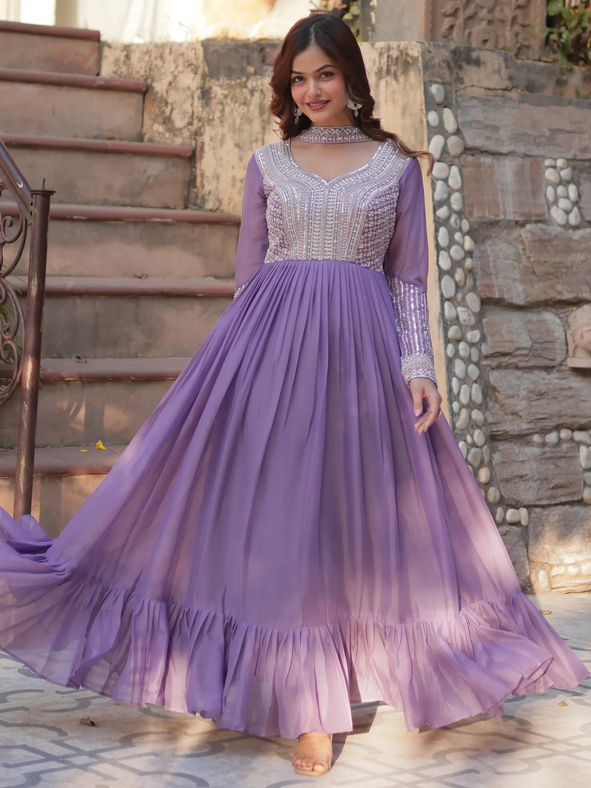 Gorgeous Lavender Sequins Georgette Eid Special Gown With Dupatta - Zeel Clothing
