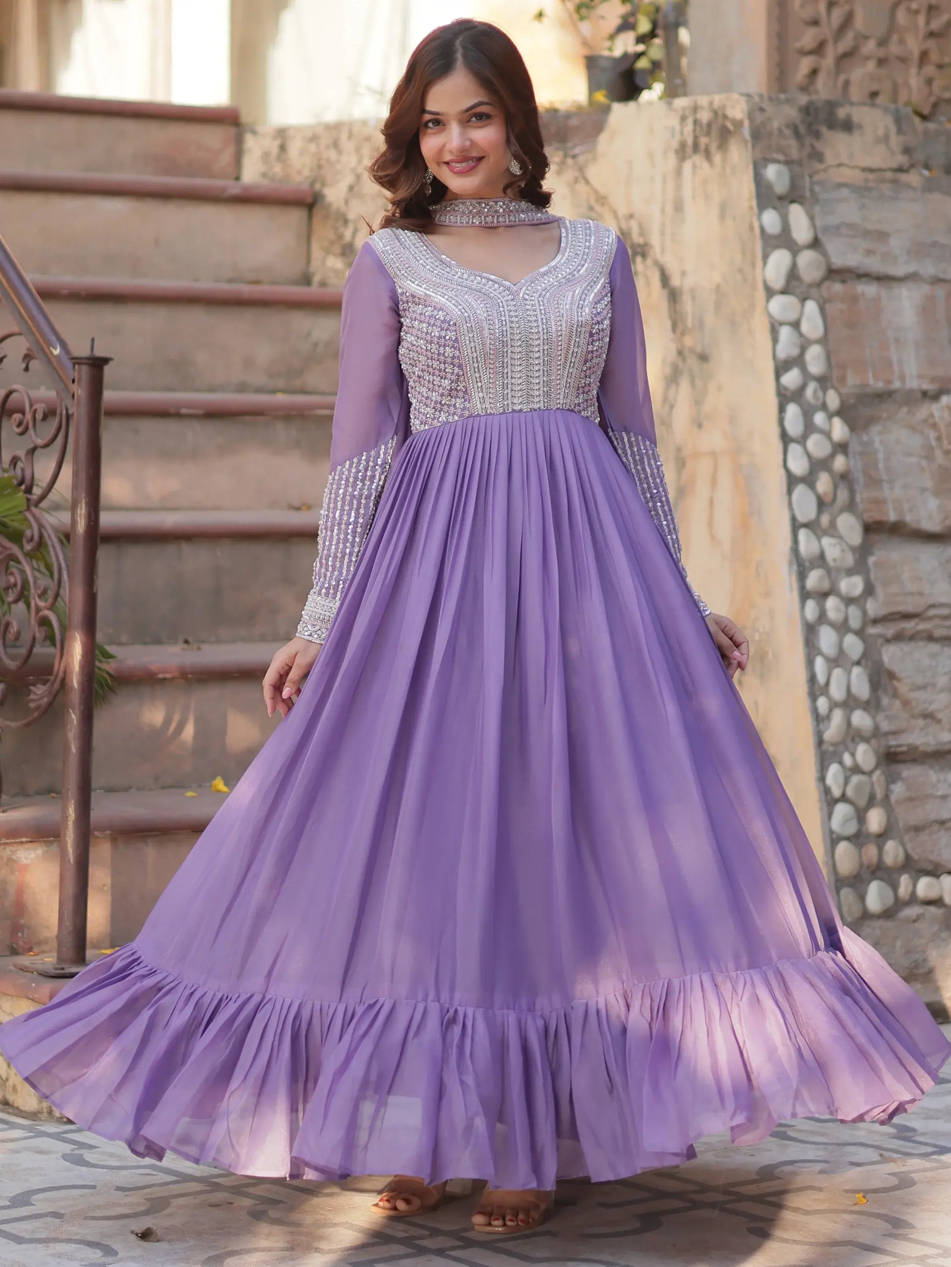 Gorgeous Lavender Sequins Georgette Eid Special Gown With Dupatta - Zeel Clothing
