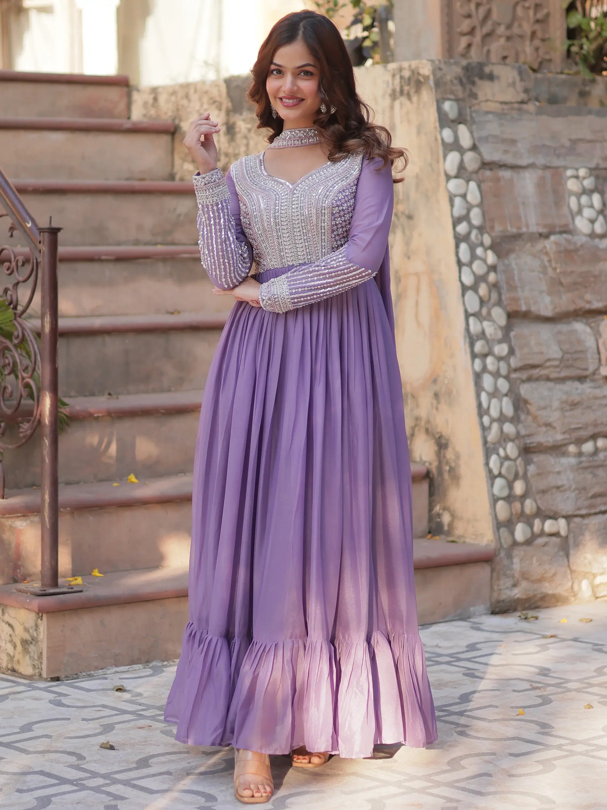 Gorgeous Lavender Sequins Georgette Eid Special Gown With Dupatta - Zeel Clothing