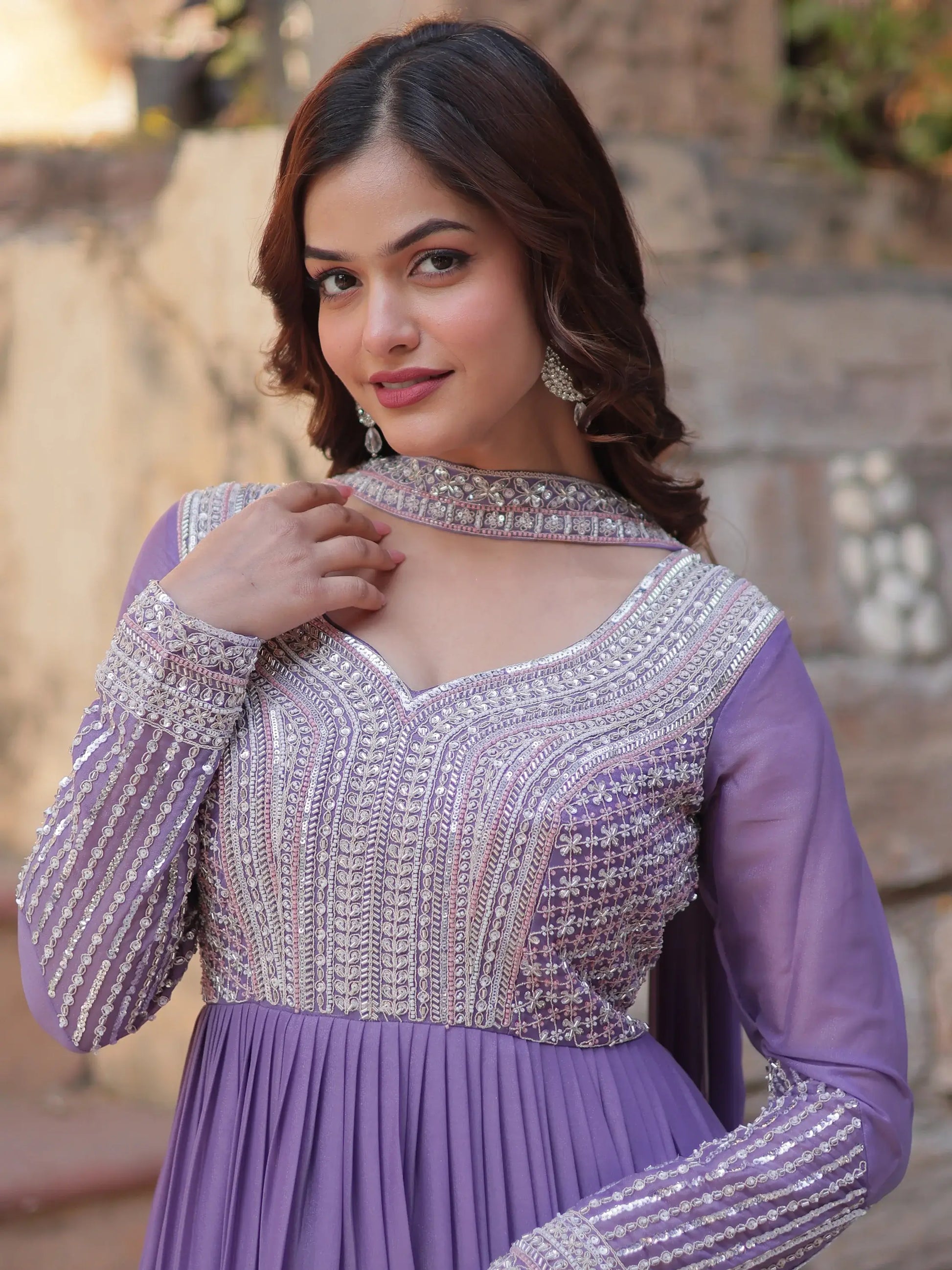 Gorgeous Lavender Sequins Georgette Eid Special Gown With Dupatta - Zeel Clothing