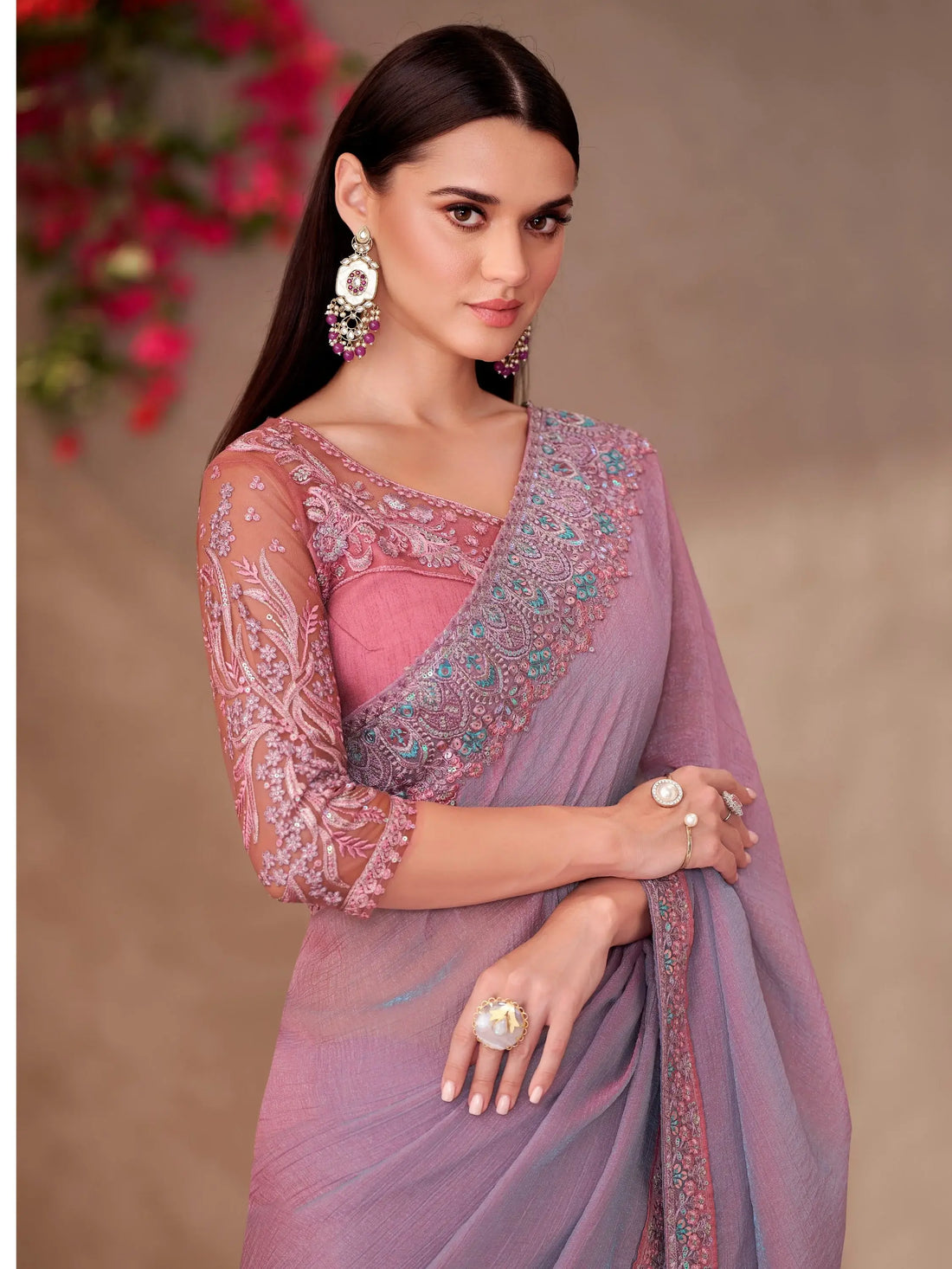 Gorgeous Pink Embroidered Border Work Georgette Designer Saree With Blouse - Zeel Clothing