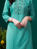 Gorgeous Sea Green Embroidered Cotton Festival Wear Kurti With Pant - Zeel Clothing