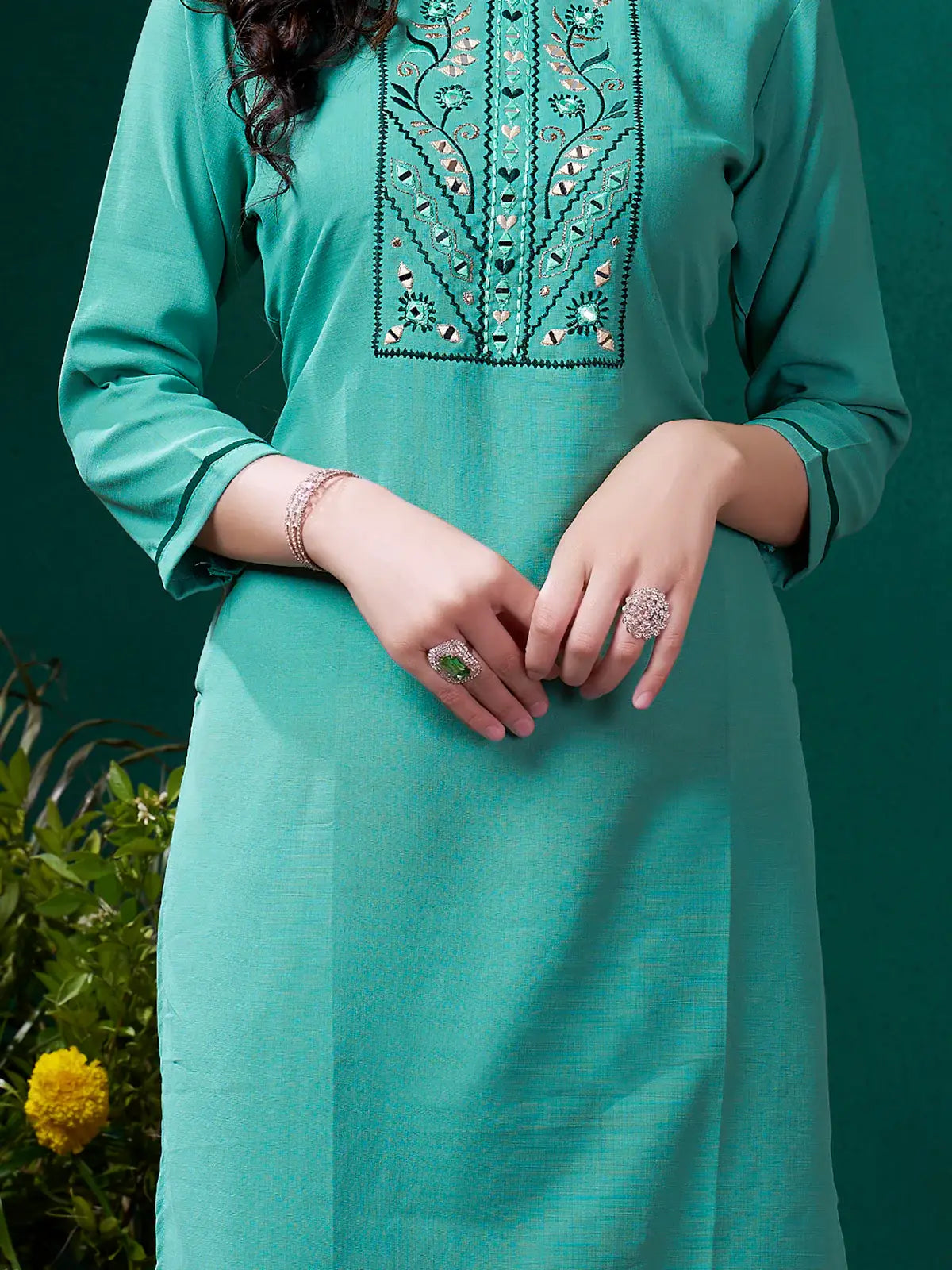 Gorgeous Sea Green Embroidered Cotton Festival Wear Kurti With Pant - Zeel Clothing