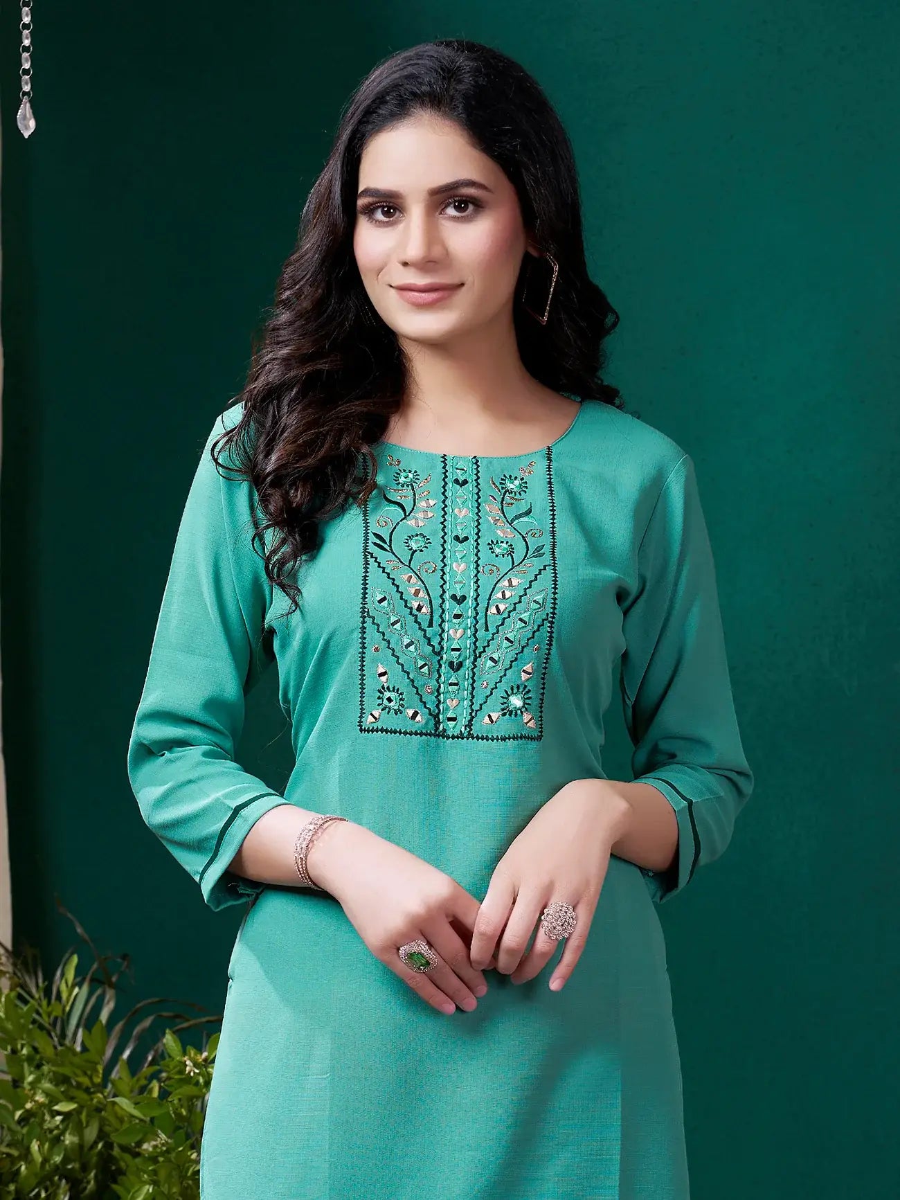 Gorgeous Sea Green Embroidered Cotton Festival Wear Kurti With Pant - Zeel Clothing
