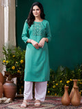 Gorgeous Sea Green Embroidered Cotton Festival Wear Kurti With Pant - Zeel Clothing