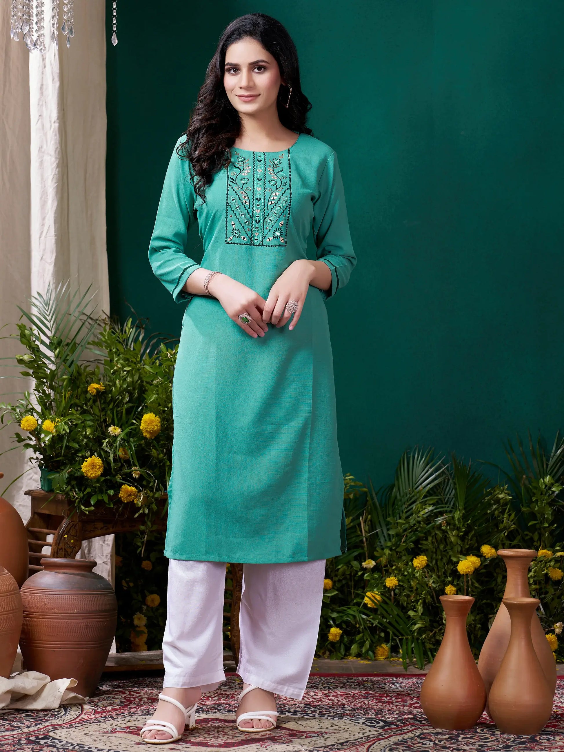 Gorgeous Sea Green Embroidered Cotton Festival Wear Kurti With Pant - Zeel Clothing