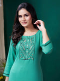 Gorgeous Sea Green Embroidered Cotton Festival Wear Kurti With Pant - Zeel Clothing