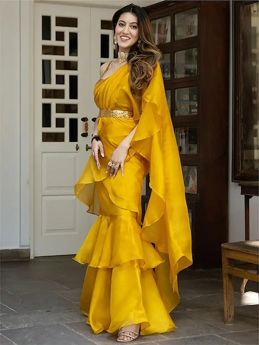 Gorgeous Yellow Sequins Organza Ready To Wear Ruffle Saree - Zeel Clothing