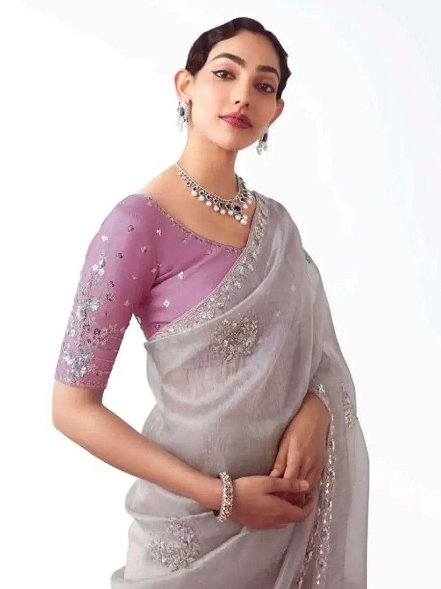 Graceful Grey Sequins Embroidered Organza Evening Wear Saree With Blouse - Zeel Clothing
