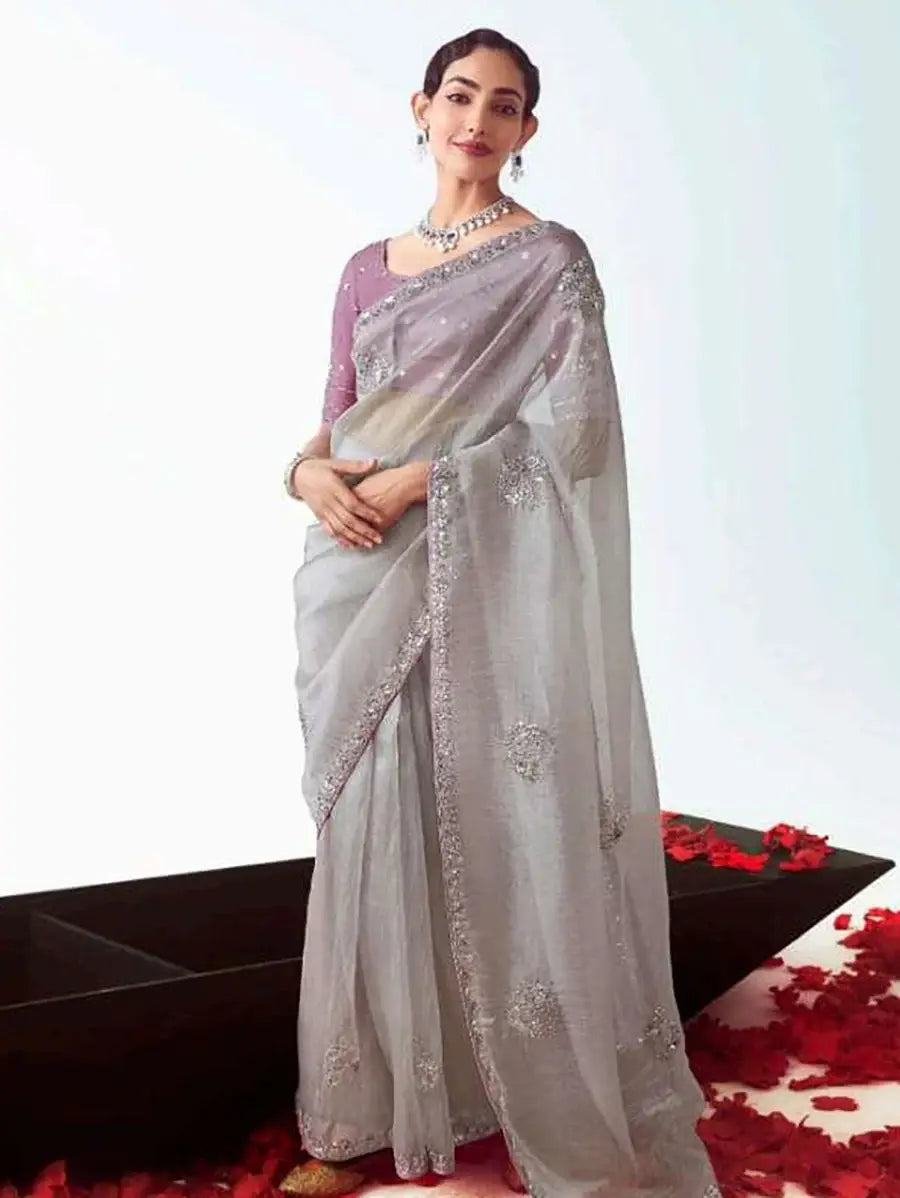 Graceful Grey Sequins Embroidered Organza Evening Wear Saree With Blouse - Zeel Clothing