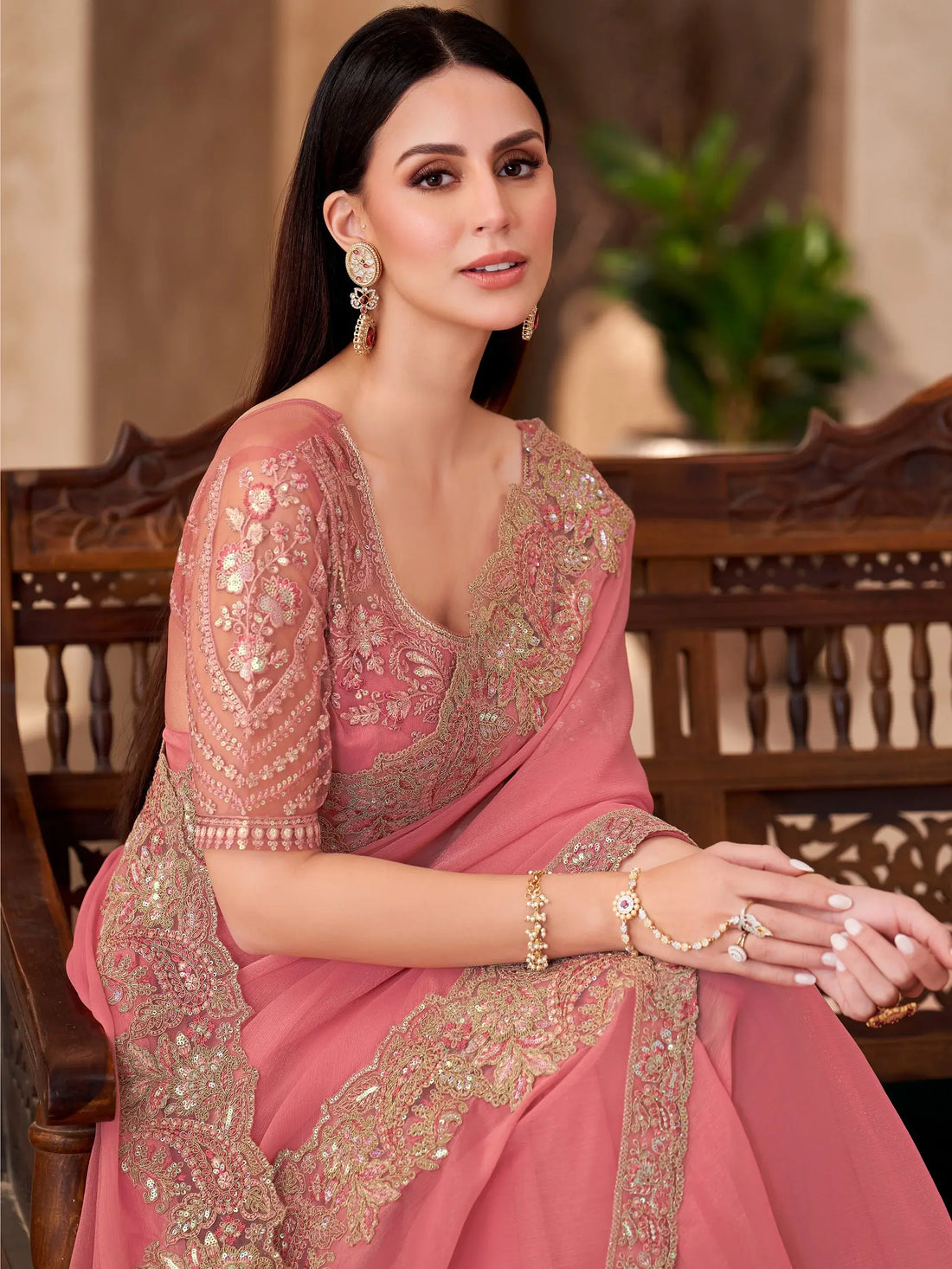 Graceful Peach Border Work Georgette Engagement Wear Saree With Blouse - Zeel Clothing
