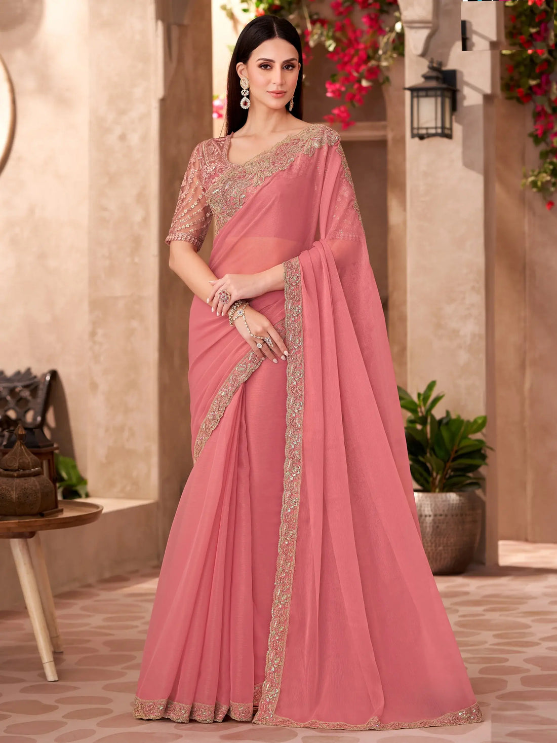 Graceful Peach Border Work Georgette Engagement Wear Saree With Blouse - Zeel Clothing
