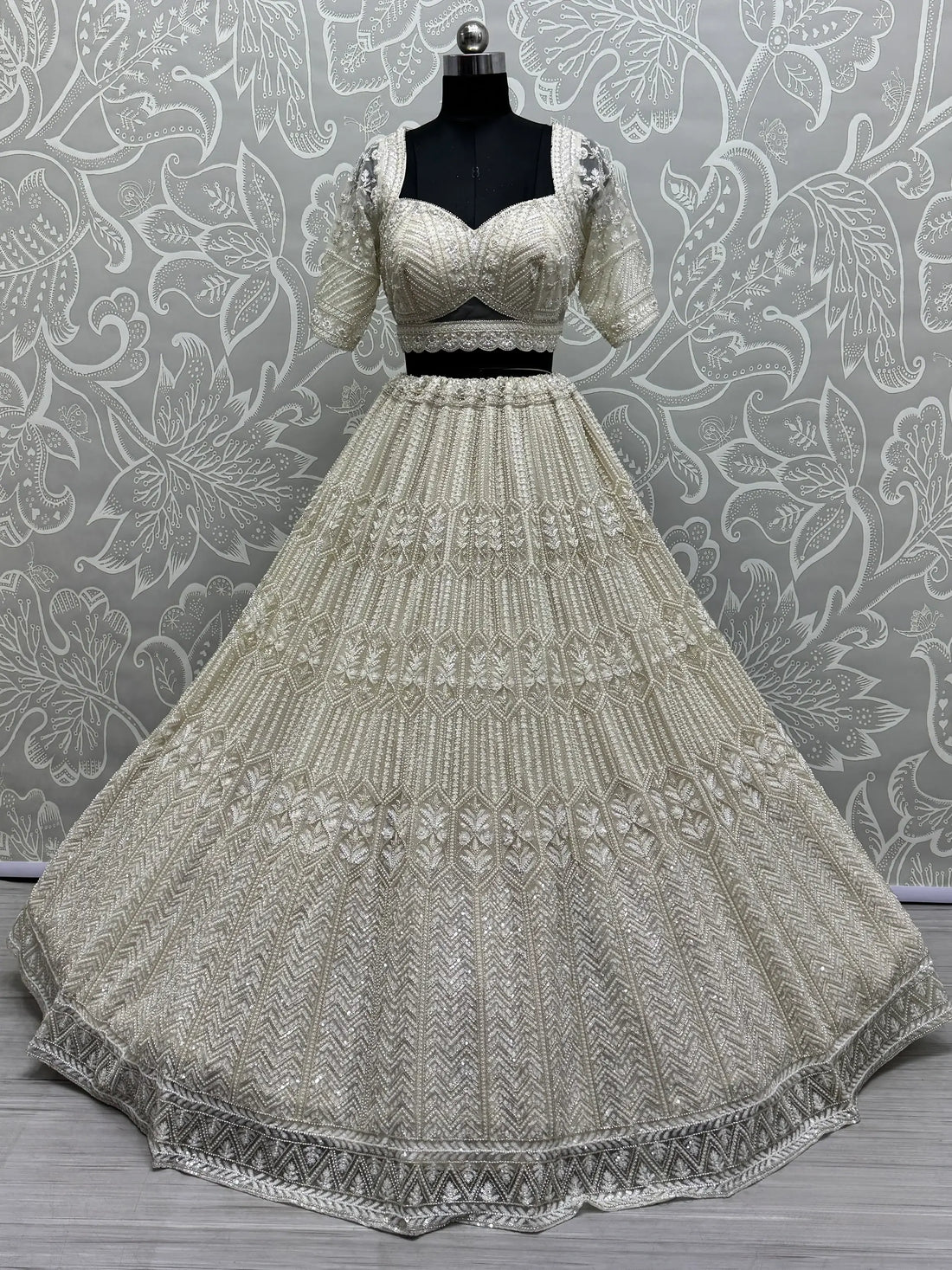 Great White Sequins Net Bridesmaid Lehenga Choli With Dupatta - Zeel Clothing