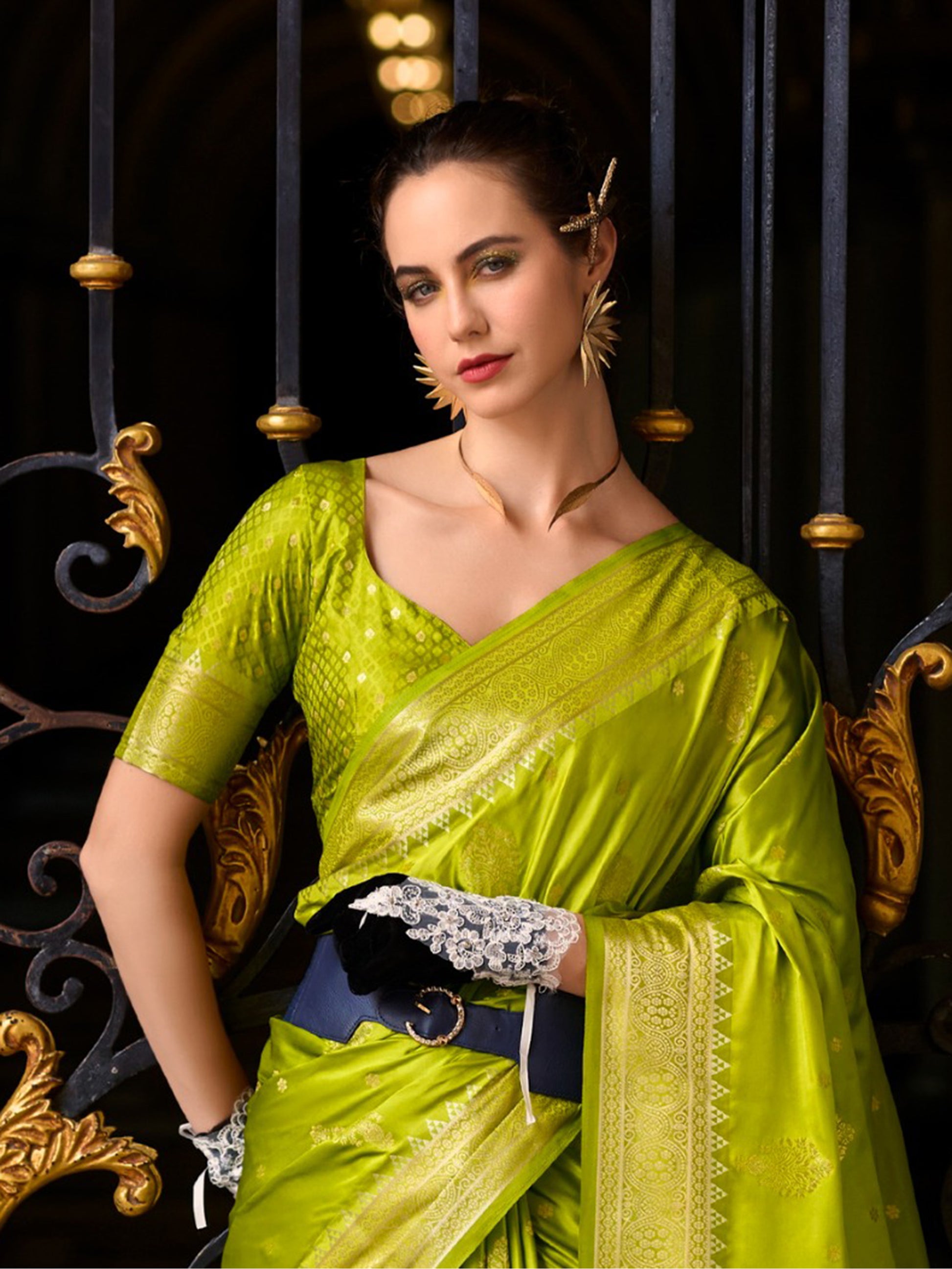 Gorgeous Olive Green Zari Weaving Silk Mehendi Wear Saree With Blouse