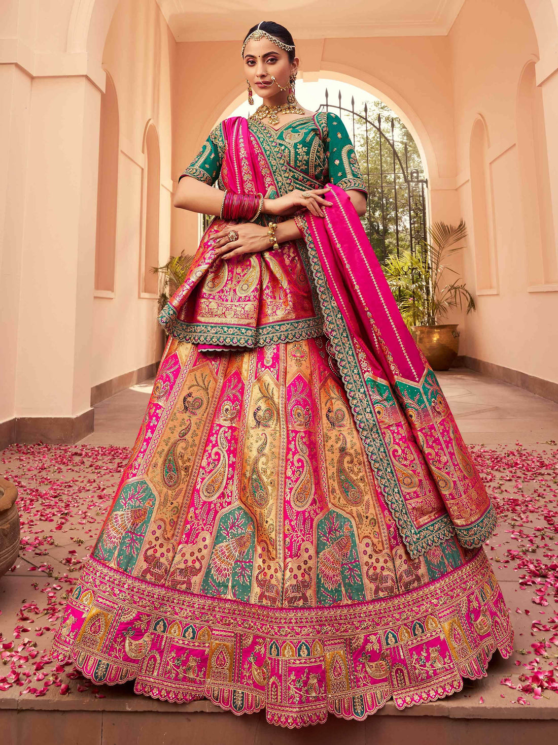Incredible Hot Pink Heavy Embroidered Banarasi Silk Bridal Lehenga Choli With Dupatta - Zeel Clothing