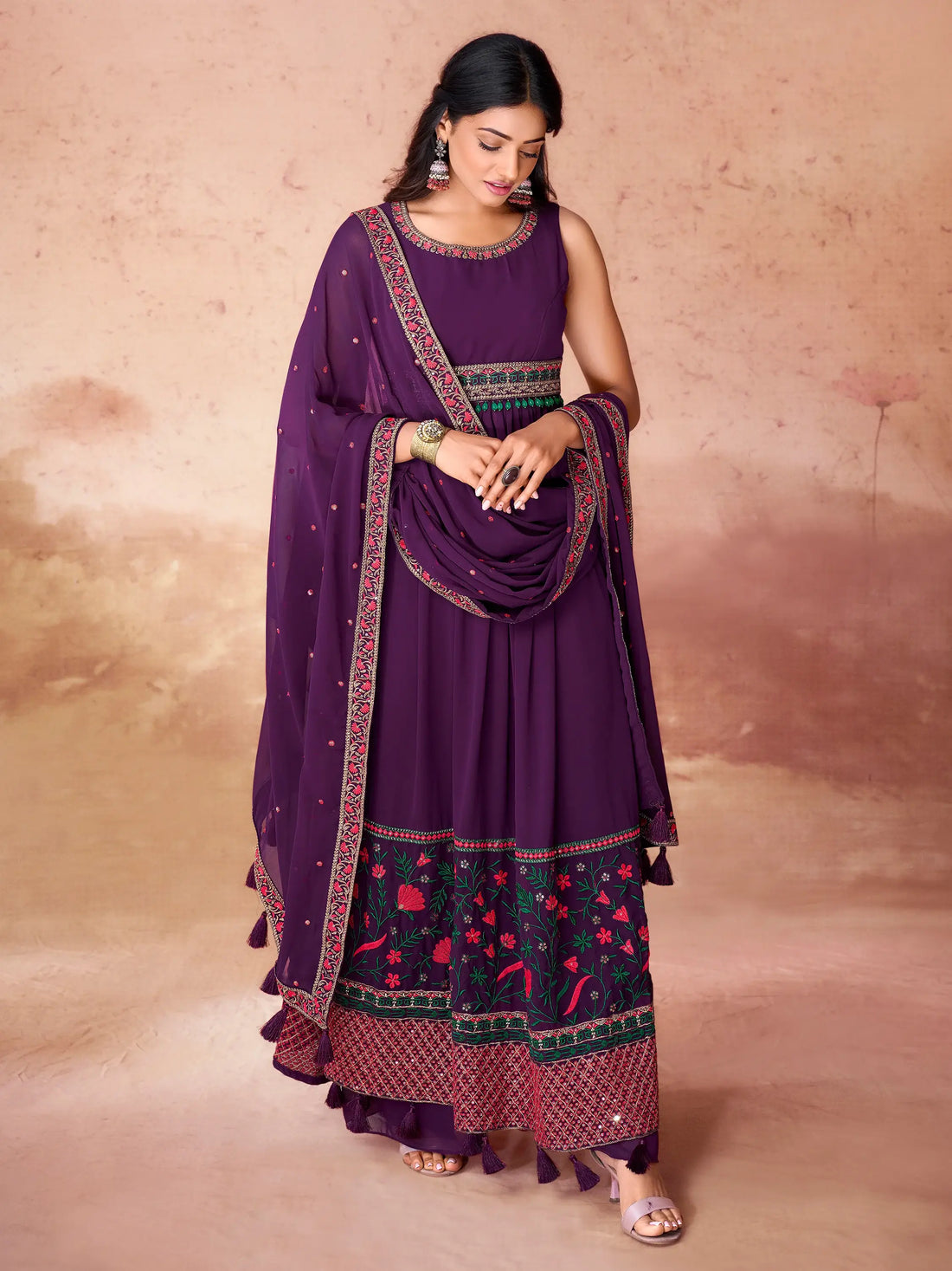 Incredible Purple Embroidered Georgette Festival Wear Palazzo Suit - Zeel Clothing