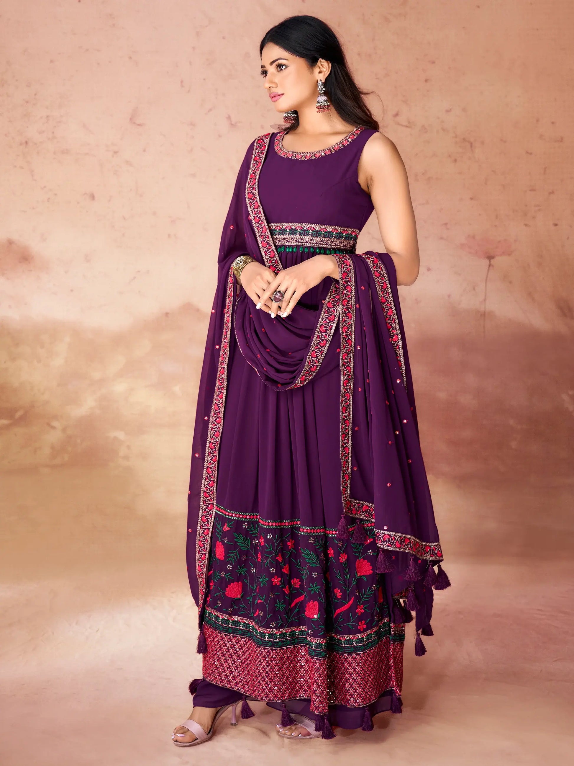 Incredible Purple Embroidered Georgette Festival Wear Palazzo Suit - Zeel Clothing