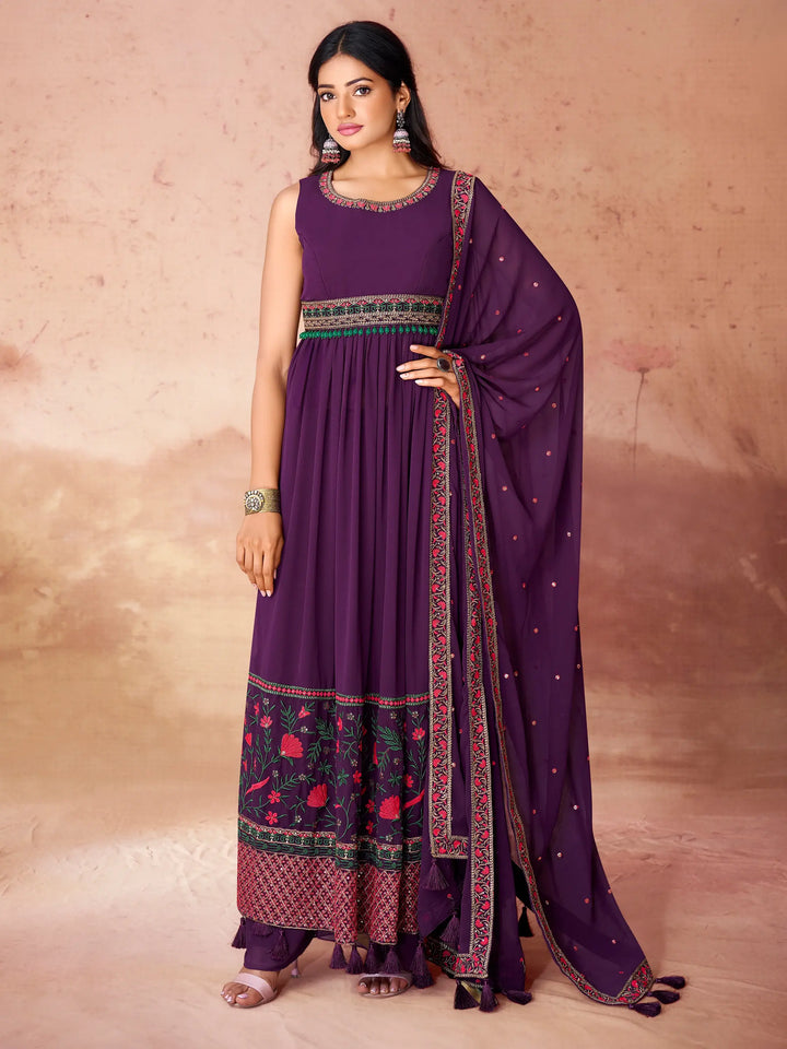 Incredible Purple Embroidered Georgette Festival Wear Palazzo Suit - Zeel Clothing
