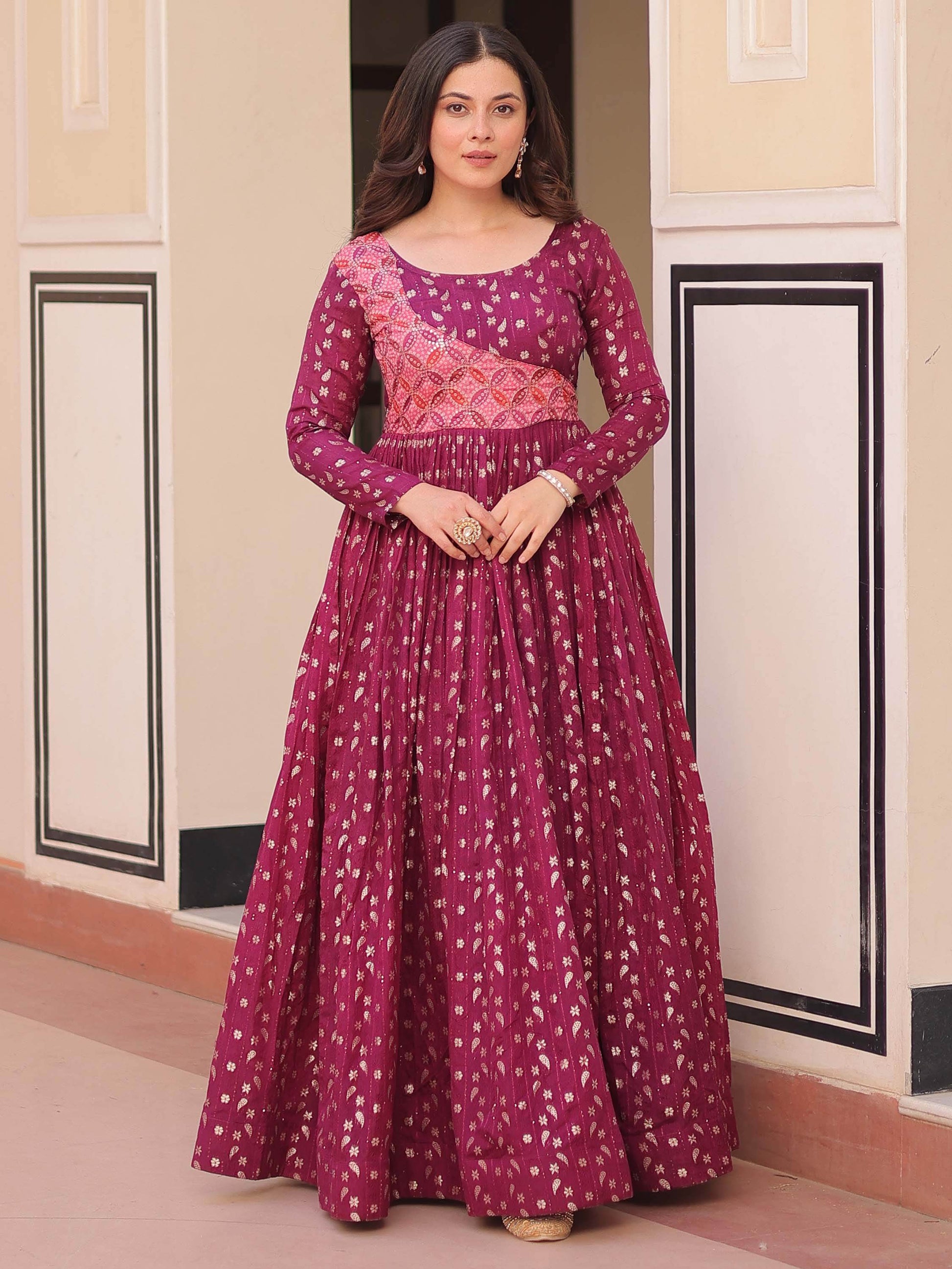 Incredible Wine Zari Weaving Cotton Festival Wear Gown - Zeel Clothing