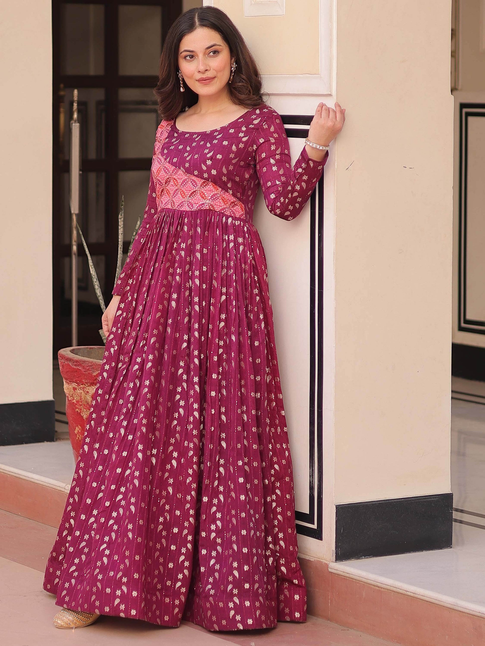 Incredible Wine Zari Weaving Cotton Festival Wear Gown - Zeel Clothing