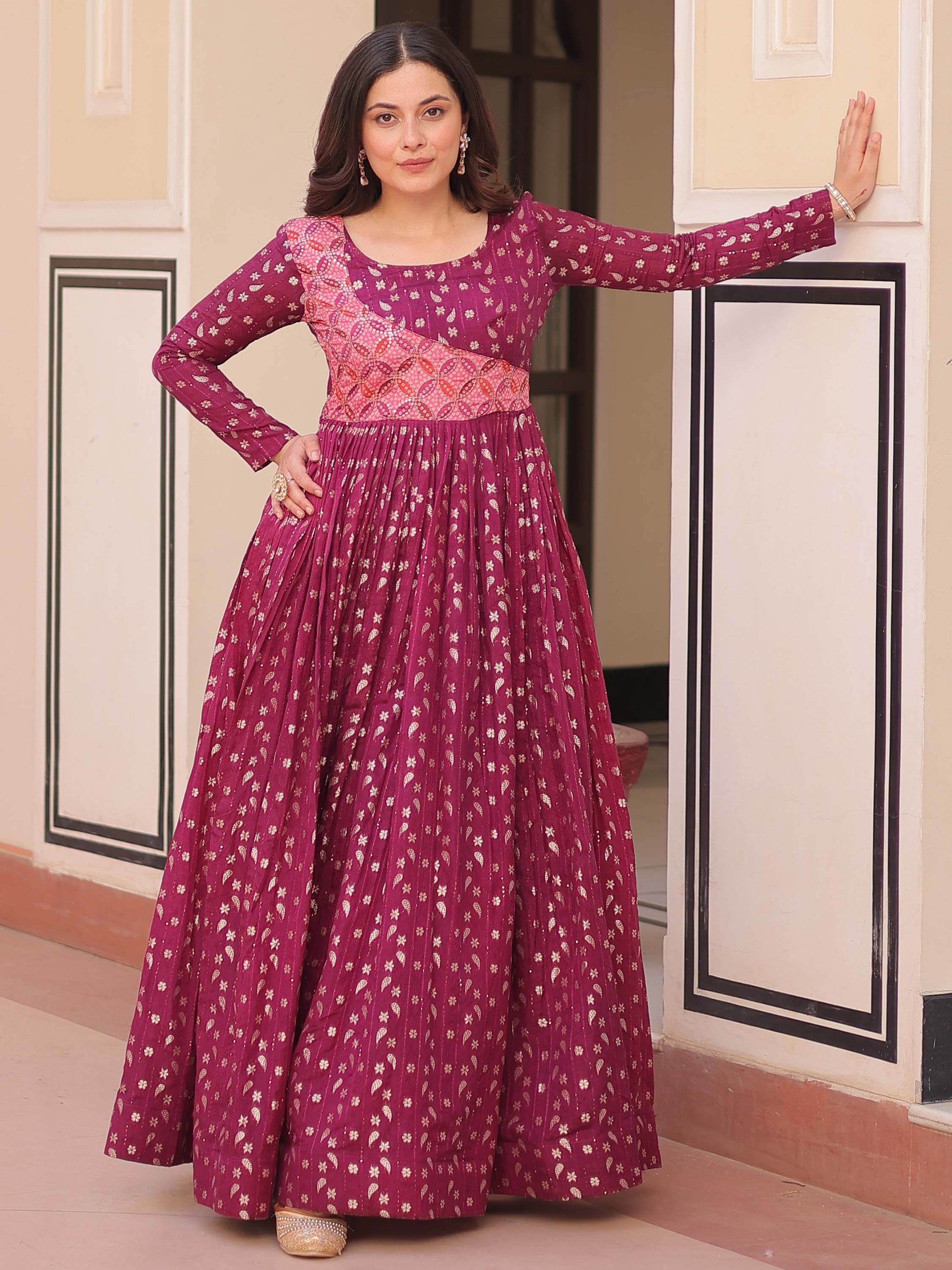 Incredible Wine Zari Weaving Cotton Festival Wear Gown - Zeel Clothing
