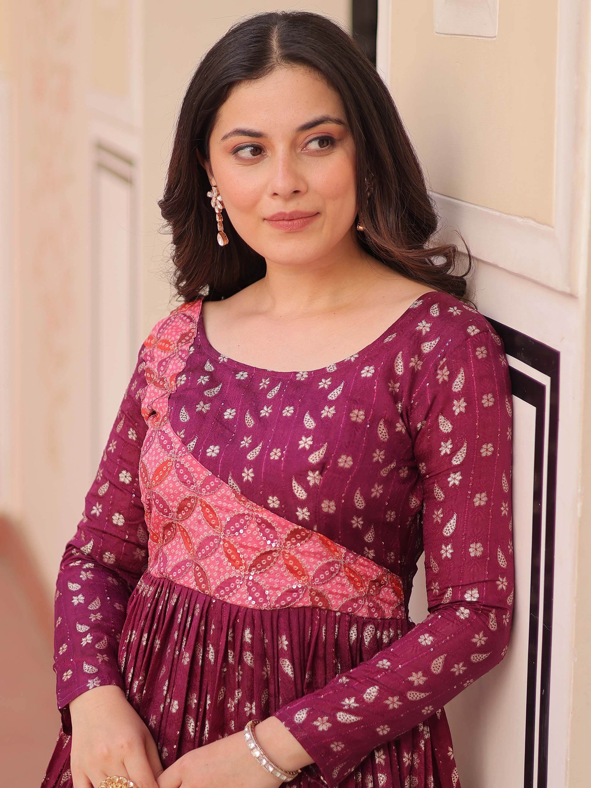 Incredible Wine Zari Weaving Cotton Festival Wear Gown - Zeel Clothing