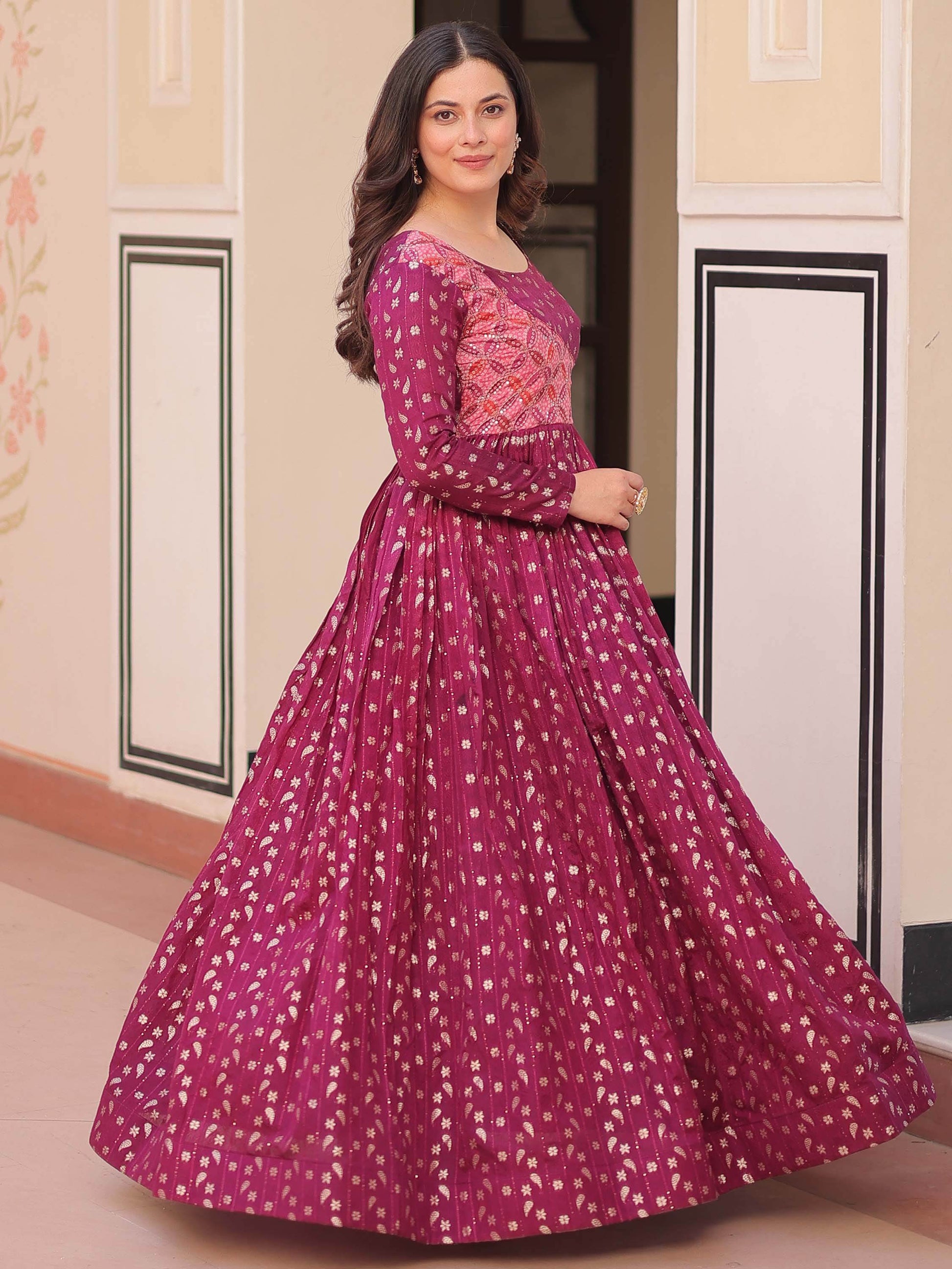 Incredible Wine Zari Weaving Cotton Festival Wear Gown - Zeel Clothing