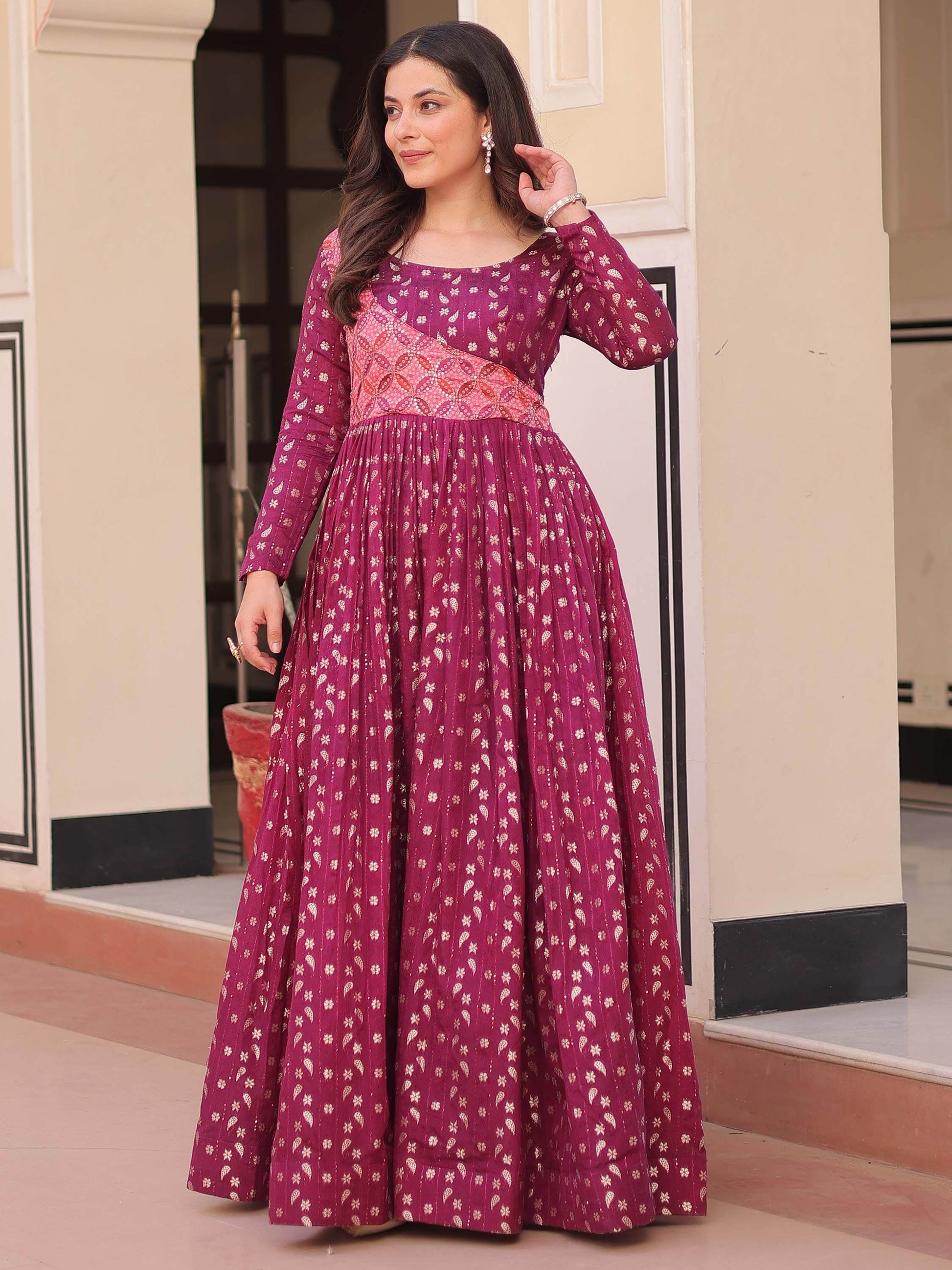 Incredible Wine Zari Weaving Cotton Festival Wear Gown - Zeel Clothing