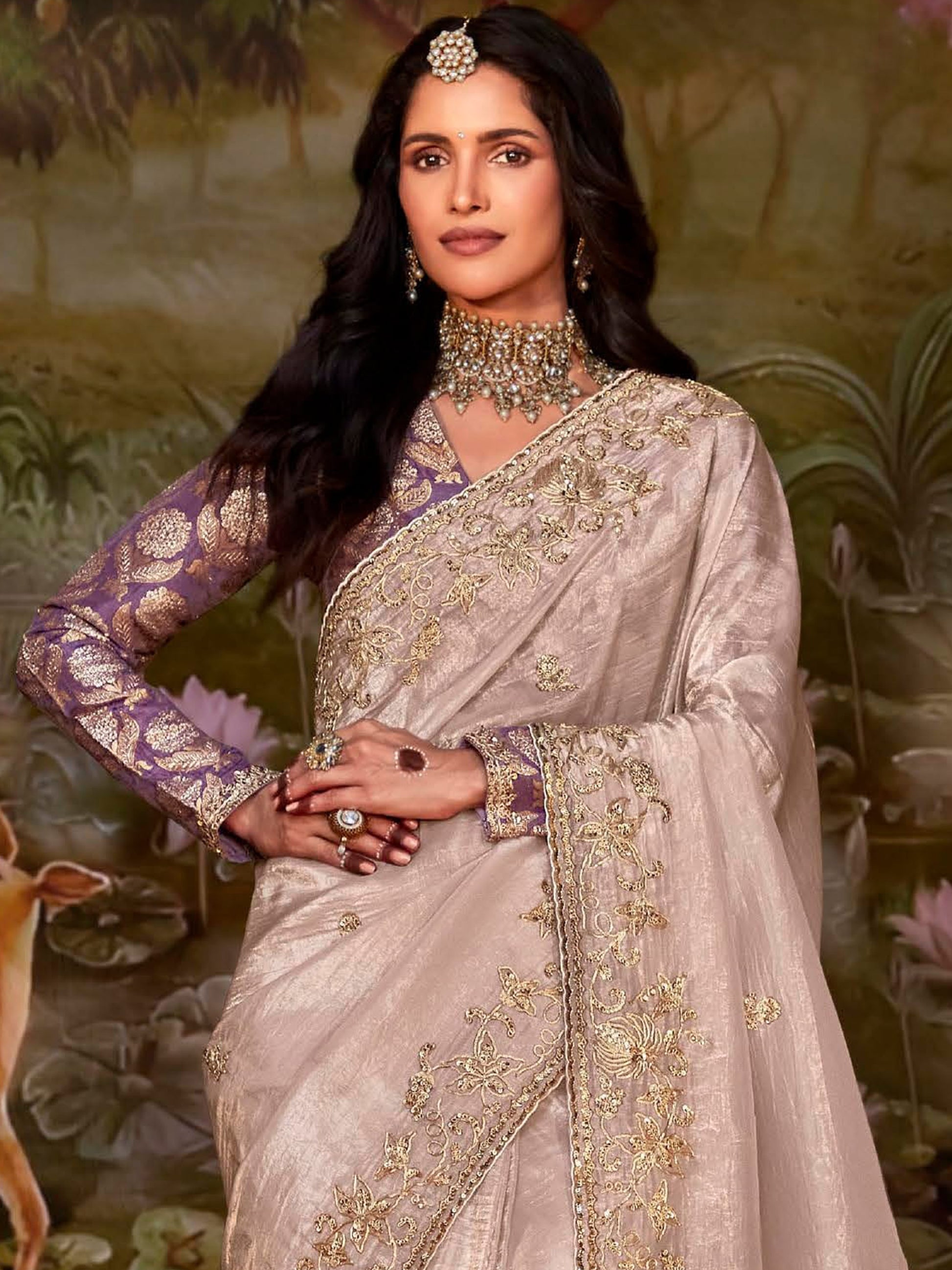 Amazing Misty Rose Embroidered Organza Traditional Saree With Blouse