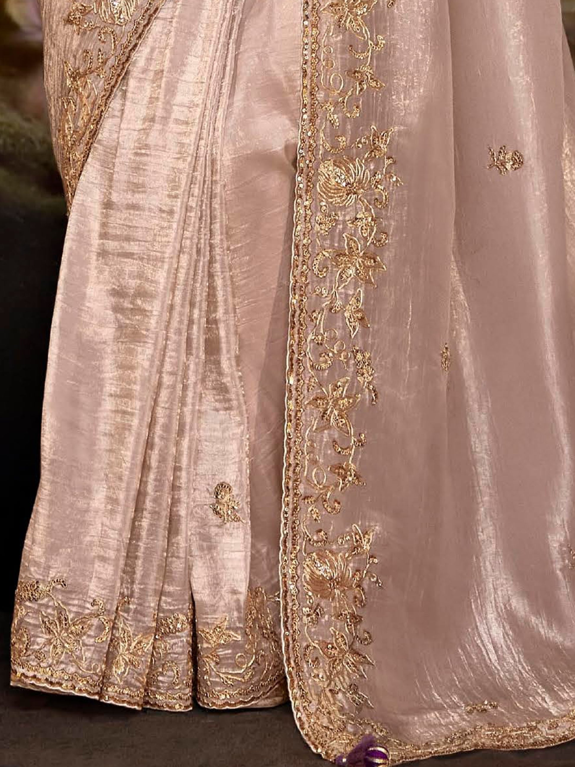 Amazing Misty Rose Embroidered Organza Traditional Saree With Blouse
