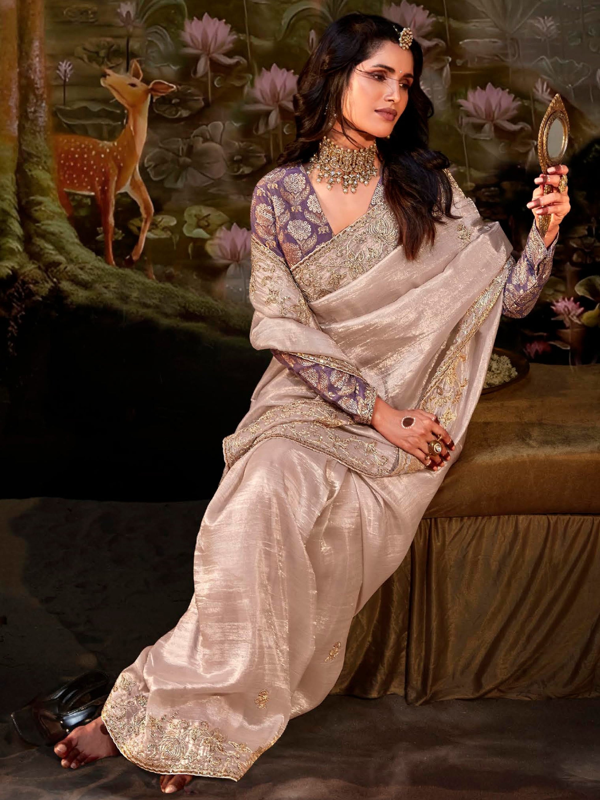 Amazing Misty Rose Embroidered Organza Traditional Saree With Blouse