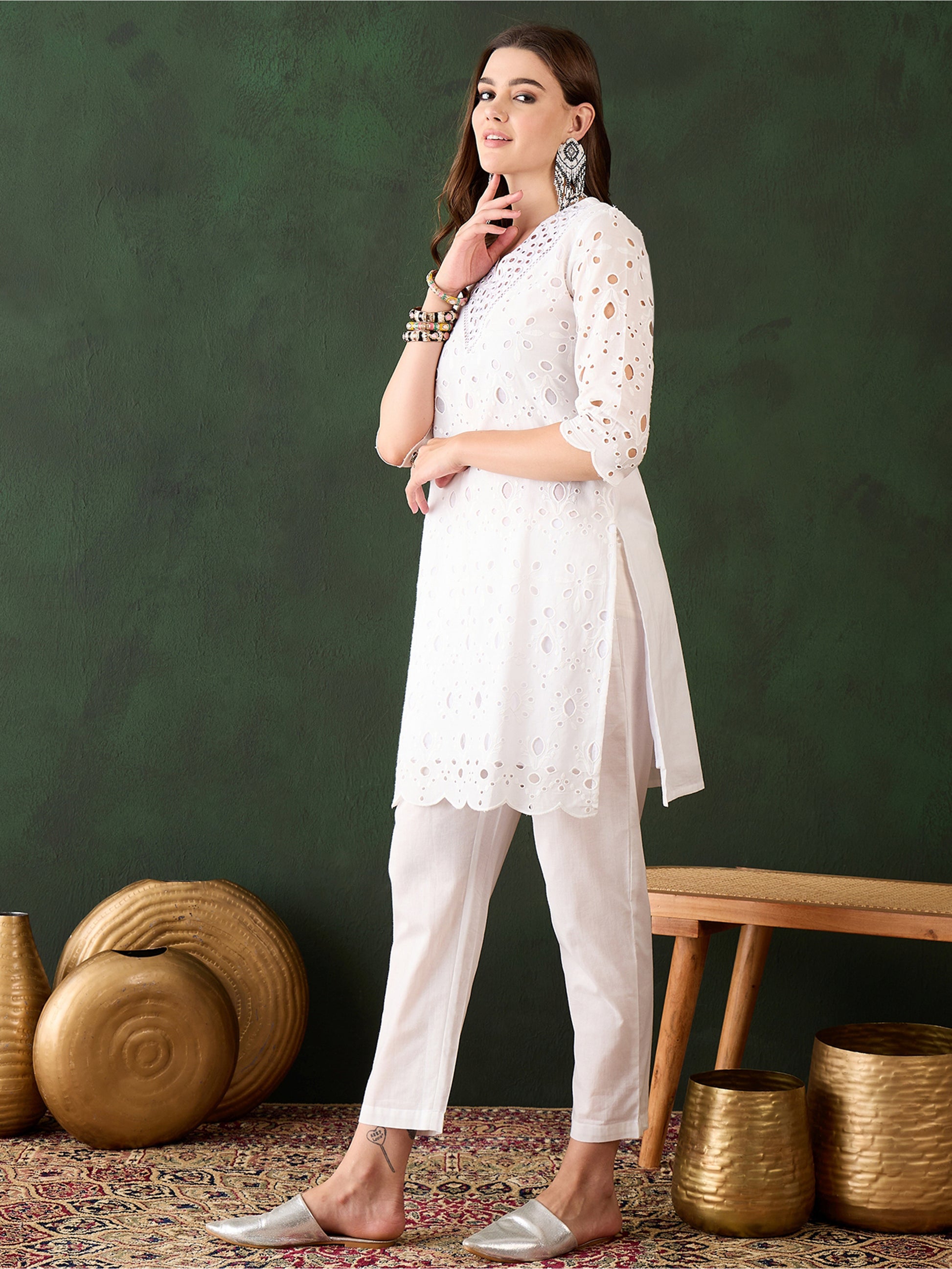 Attractive White Cotton Embroidered Festival Wear Kurta With Trouser