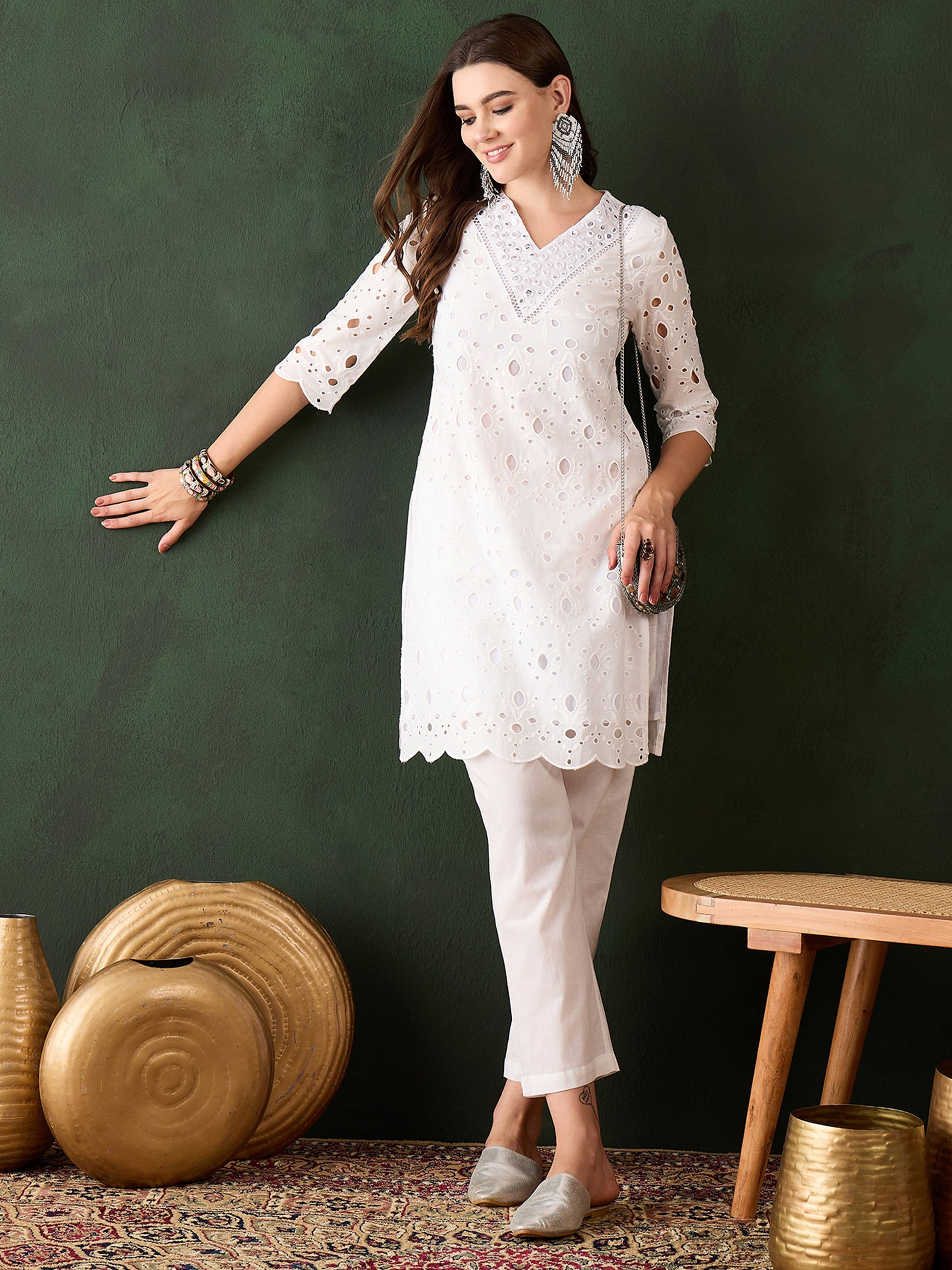 Attractive White Cotton Embroidered Festival Wear Kurta With Trouser