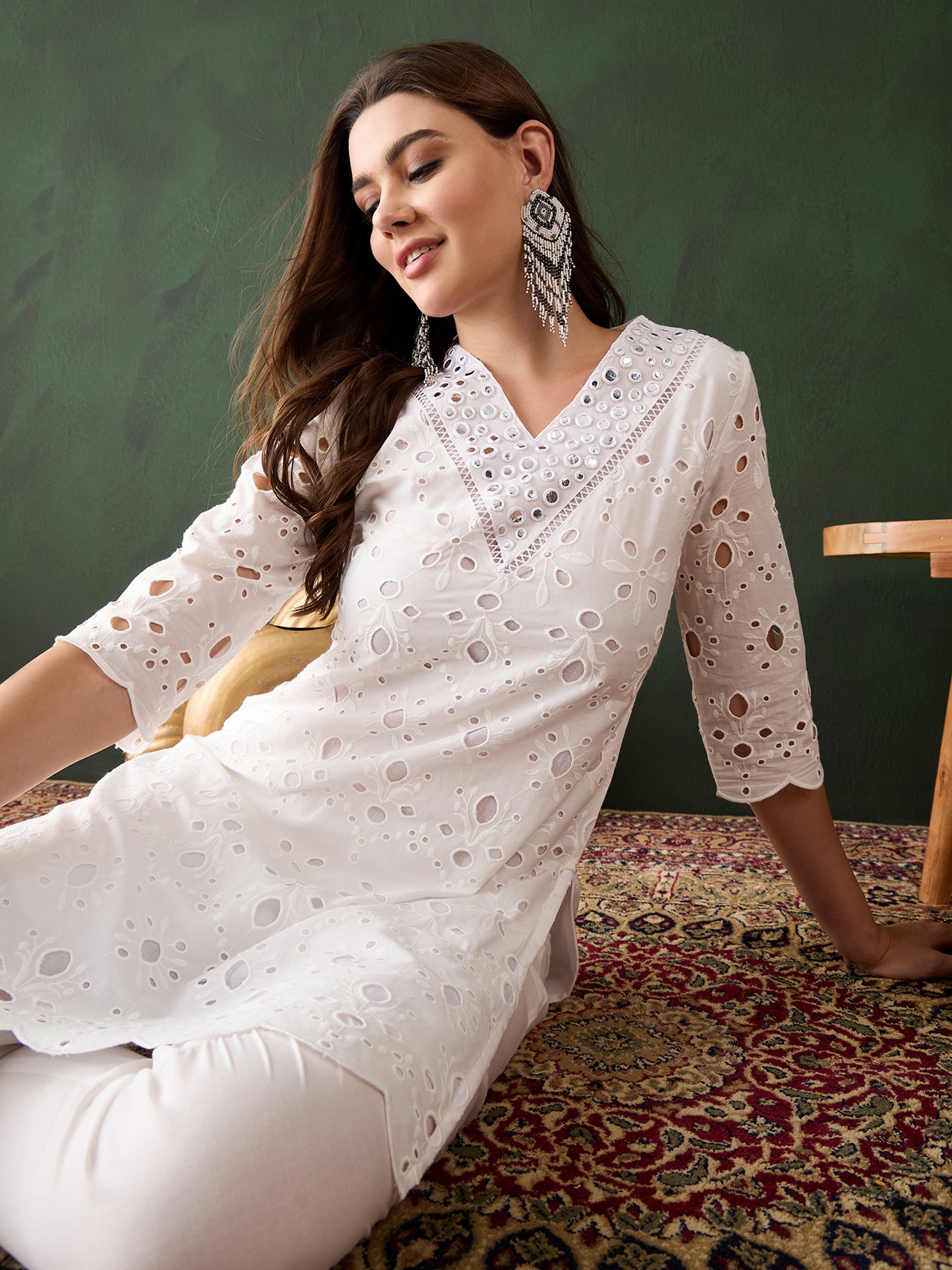 Attractive White Cotton Embroidered Festival Wear Kurta With Trouser