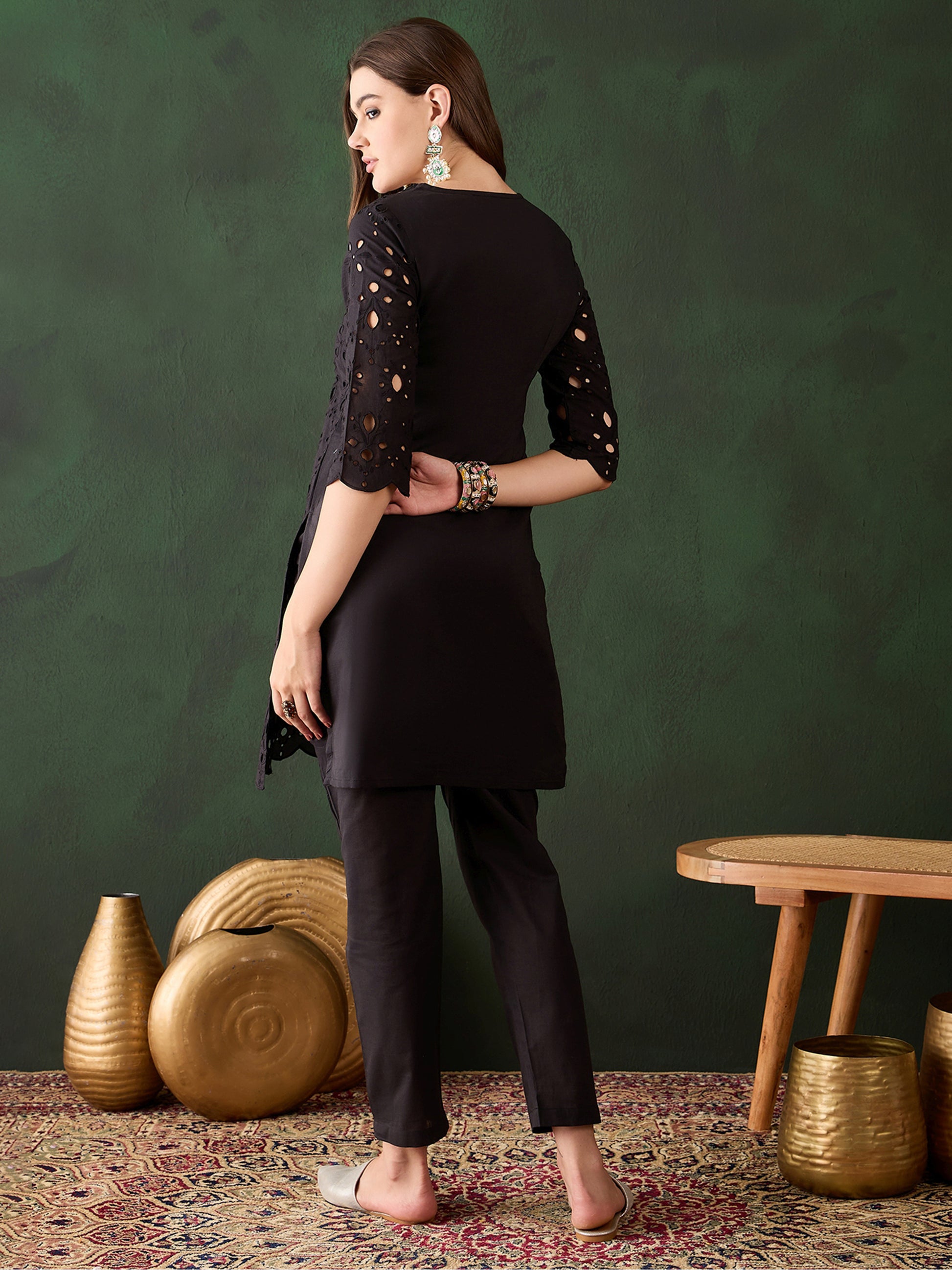 Beautiful Black Cotton Embroidered Event Wear Kurta With Trouser