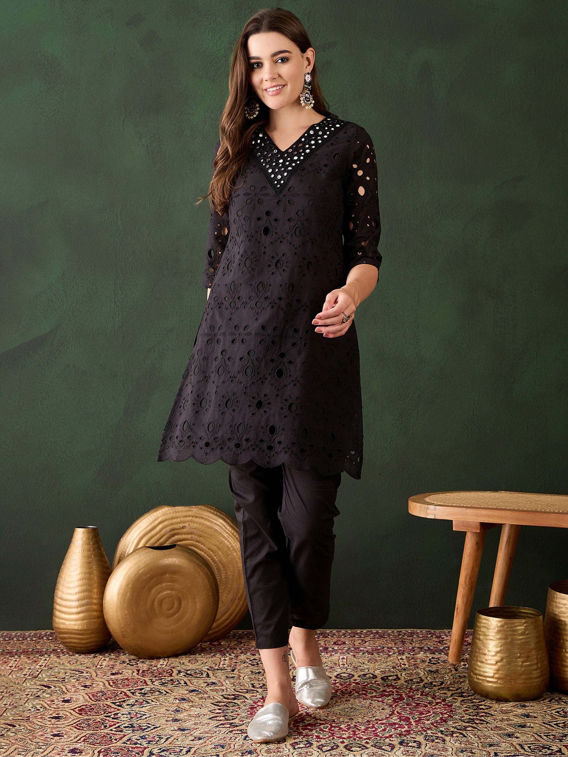 Beautiful Black Cotton Embroidered Event Wear Kurta With Trouser