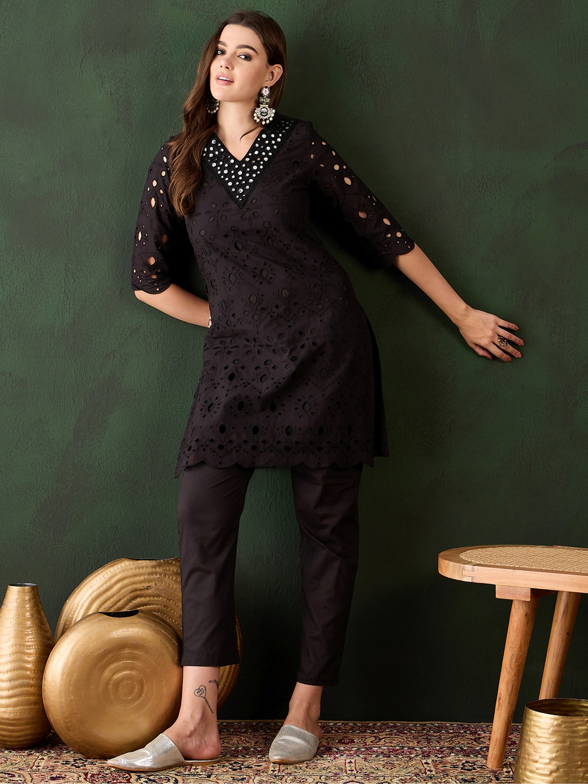 Beautiful Black Cotton Embroidered Event Wear Kurta With Trouser