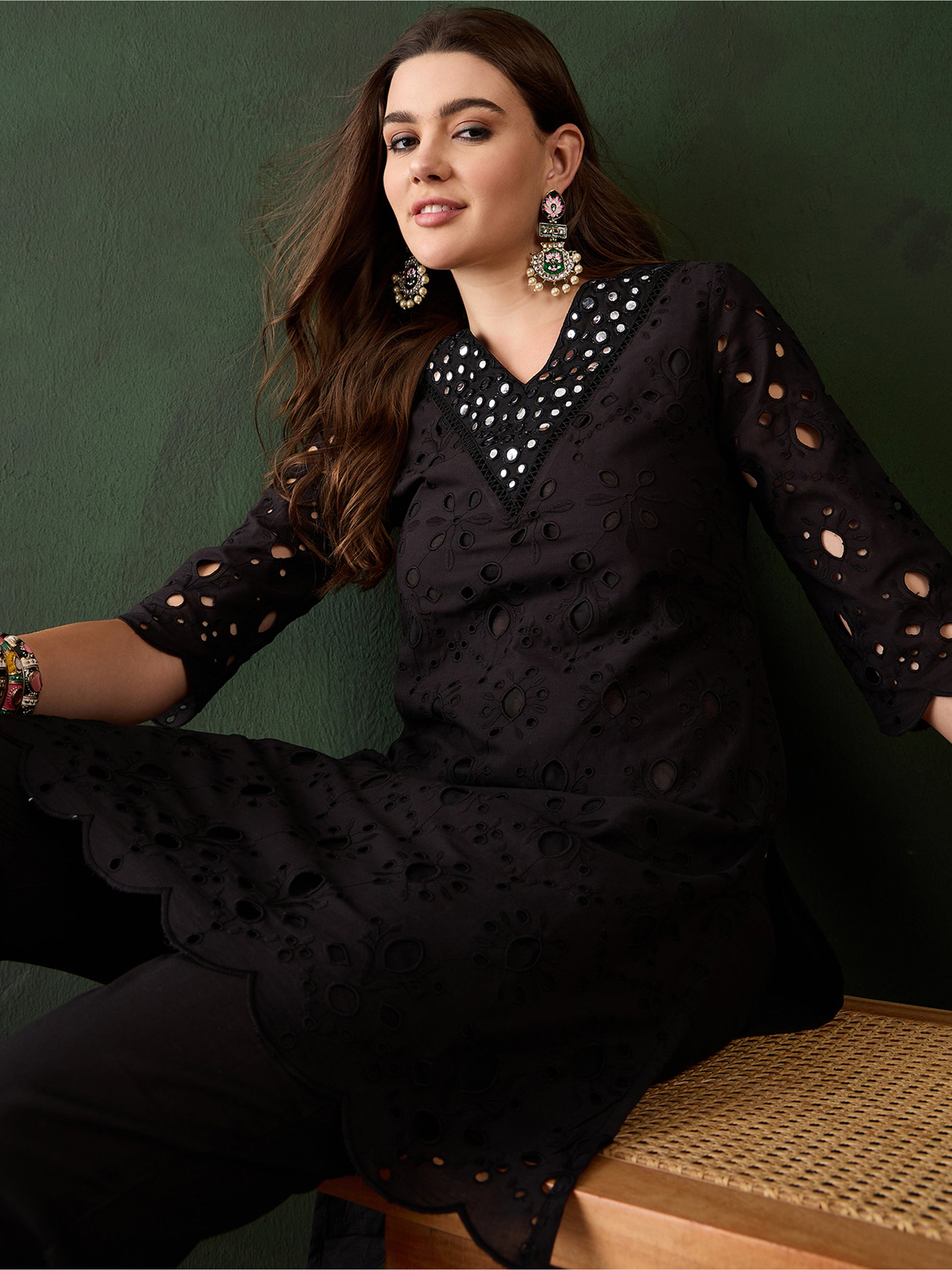Beautiful Black Cotton Embroidered Event Wear Kurta With Trouser